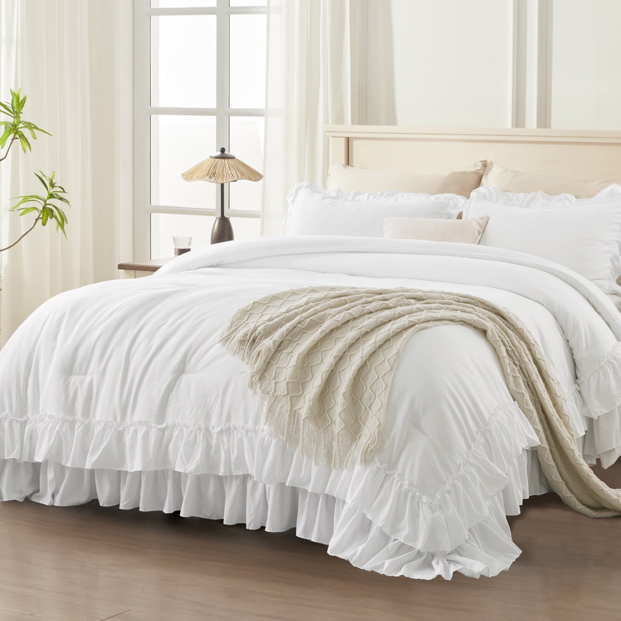 Luxurious Quilted Queen Comforter Set White - 3 Pieces Soft Fluffy Ruffle Bedding Comforter Sets for Queen Bed, All Season Farmhouse Li... - Luxurious Quilted Duvet Cover Set - Default Title
