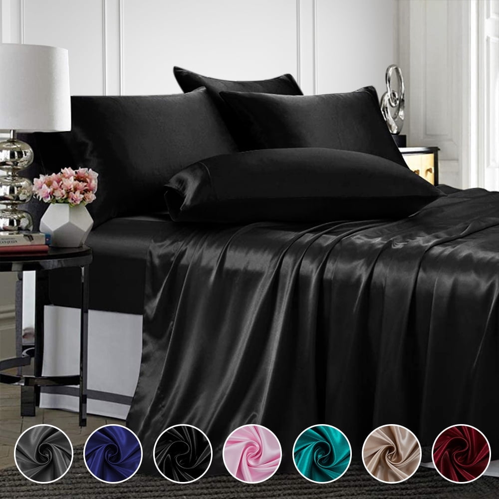 Cooling Sateen Twin Silk Gray Bed Sheet Set Deep Pocket Bed Flat Fitted Sheet, 3-Pieces - Cooling Hotel Quality Bedding Sheets and Pillowcases - Default Title