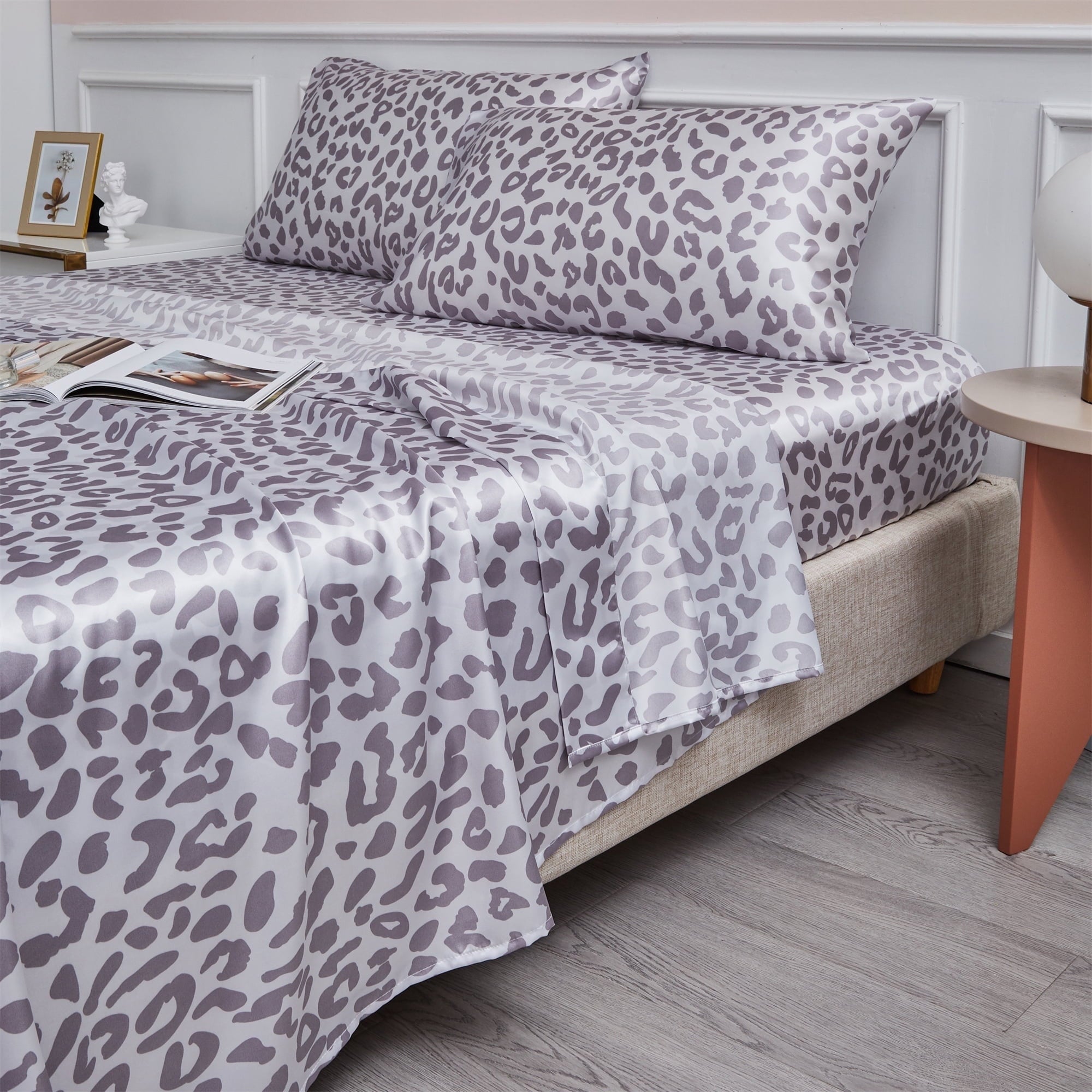 Breathable Luxury Satin Sheets Twin Silk Sheets Silver Leopard Bed Sheet Set Deep Pocket Bed Flat Fitted Sheet, 3-Pieces - Cooling Hotel Quality Bedding Sheets and Pillowcases - Default Title