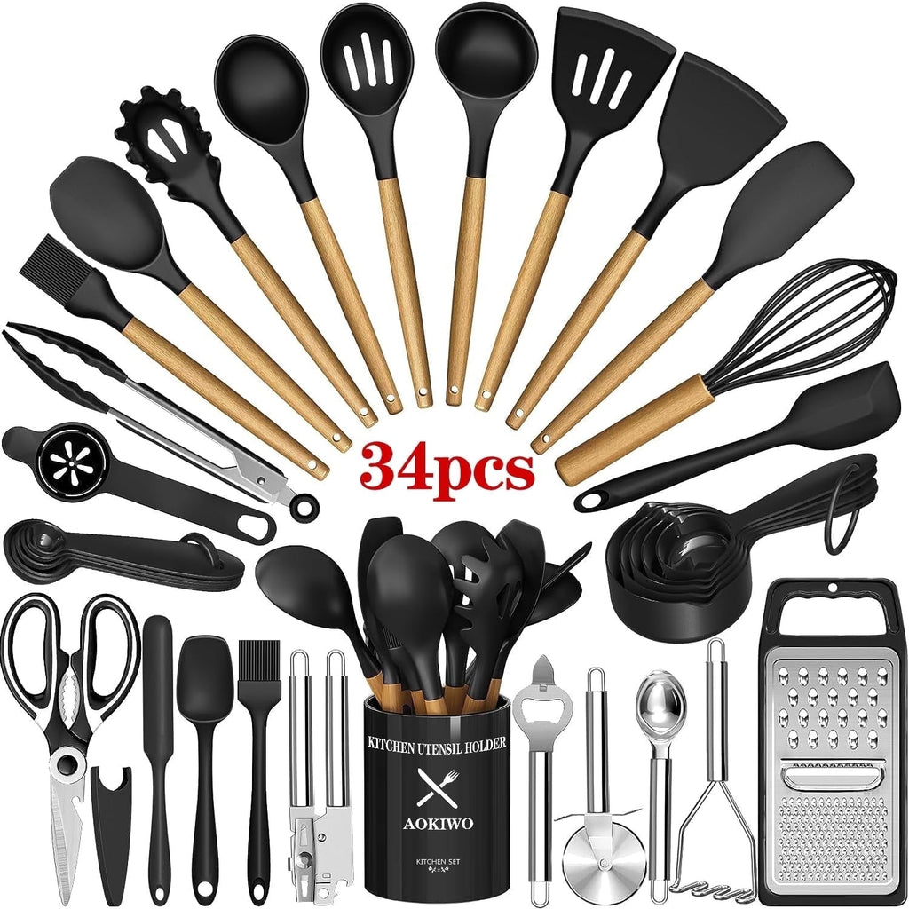 Ergonomic Cooking Kitchen Utensil Set, 34Pieces Silicone Cooking Utensil Set with Wooden Handle, Heat Resistant Spatula Set Gadg... - Premium Stainless Steel Cooking Utensil for Non-Stick Pots - Default Title