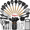 Ergonomic Cooking Kitchen Utensil Set, 34Pieces Silicone Cooking Utensil Set with Wooden Handle, Heat Resistant Spatula Set Gadg... - Premium Stainless Steel Cooking Utensil for Non-Stick Pots - Default Title