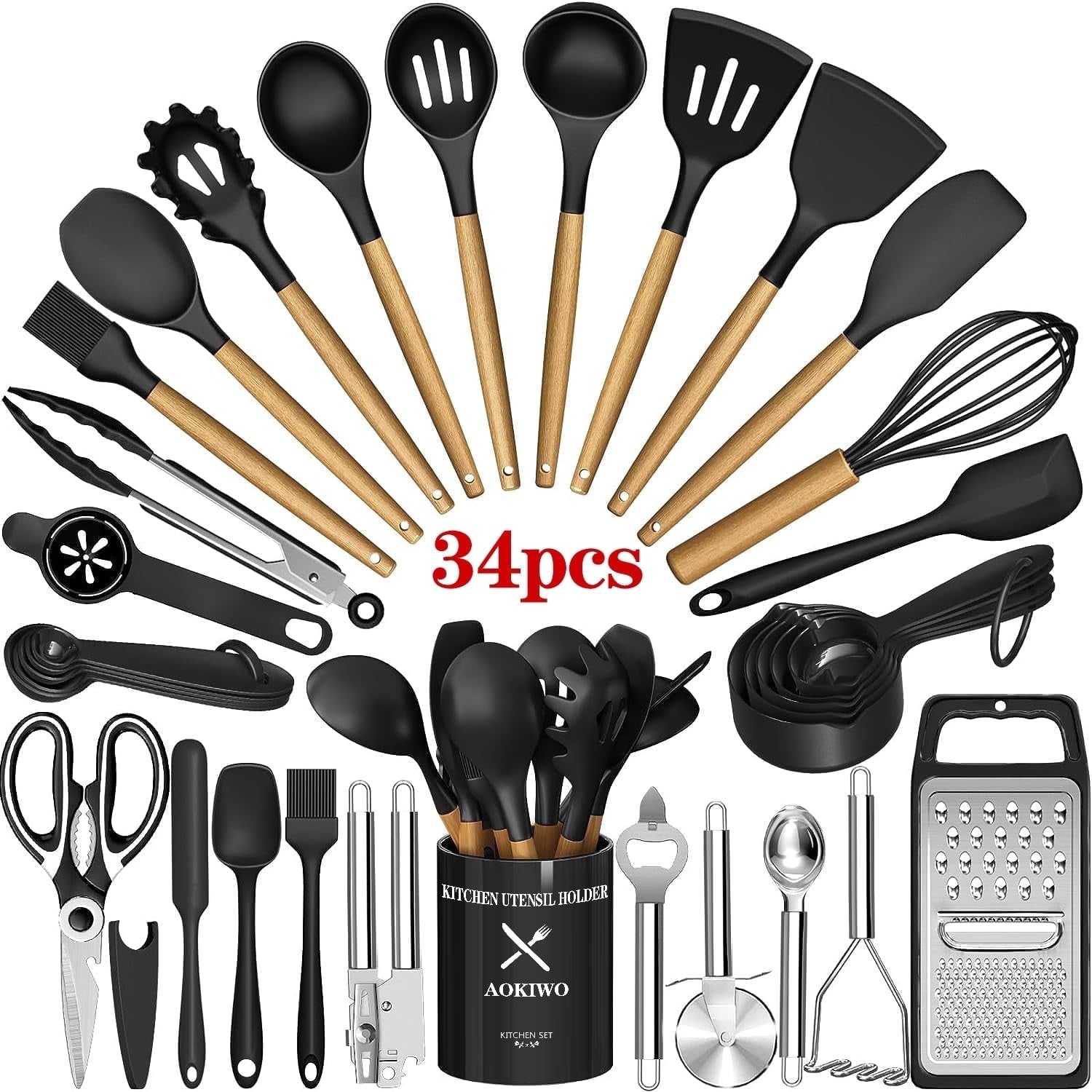 Ergonomic Cooking Kitchen Utensil Set, 34Pieces Silicone Cooking Utensil Set with Wooden Handle, Heat Resistant Spatula Set Gadg... - Premium Stainless Steel Cooking Utensil for Non-Stick Pots - Default Title