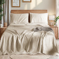 Breathable Luxury Natural Linen Cotton Bed Sheets Set, Deep Pocket - Breathable - Durable - 4 Pieces (Linen, Queen) - Cooling Hotel Quality Bedding Sheets and Pillowcases - Default Title