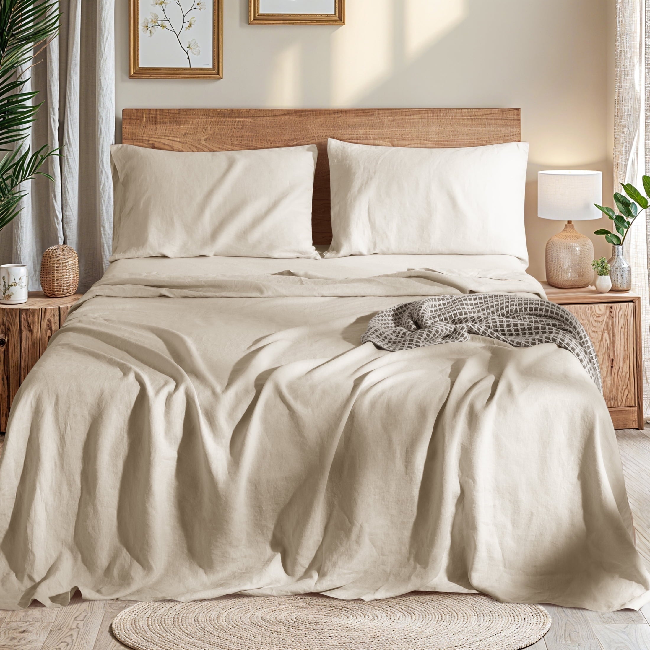 Breathable Luxury Natural Linen Cotton Bed Sheets Set, Deep Pocket - Breathable - Durable - 4 Pieces (Linen, Queen) - Cooling Hotel Quality Bedding Sheets and Pillowcases - Default Title