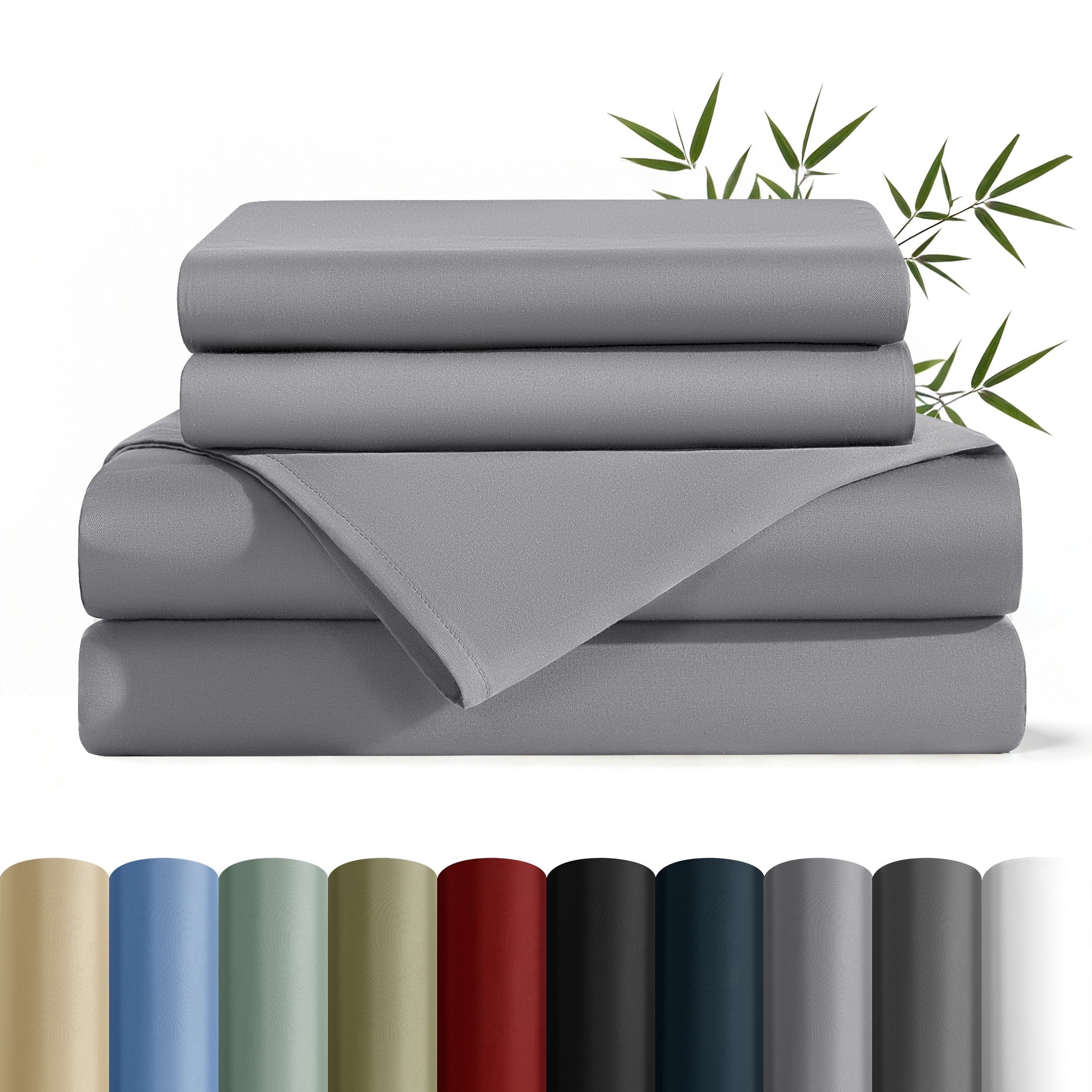 Cooling Sateen Bamboo Queen Sheet Set, Luxury Soft 4 Pieces Bed Sheets with 18" Deep Pocket, Gray - Cooling Hotel Quality Bedding Sheets and Pillowcases - Default Title