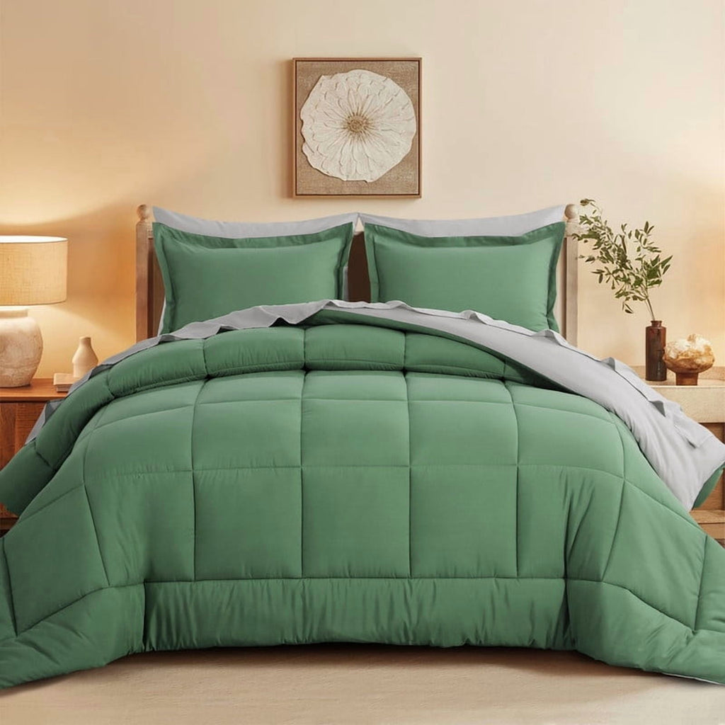Heavyweight Warmth Grass Green/Grey Queen Size Comforter Set,3-Pieces Reversible Comforter Set Soft and Lightweight,All Season Down Alte... - Hypoallergenic Ultra-Fluffy Quilt for Winter - Default Title