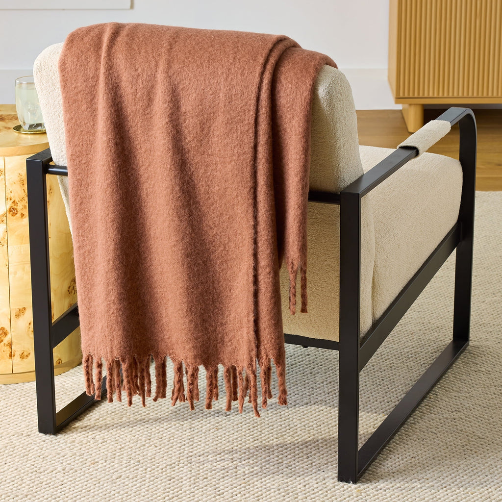Reversible Sherpa Faux Mohair Cozy Couch Throw Blanket Terracotta Clay, 50x72" - Luxury Knitted Decorative Throw Blanket with Fringes - Default Title