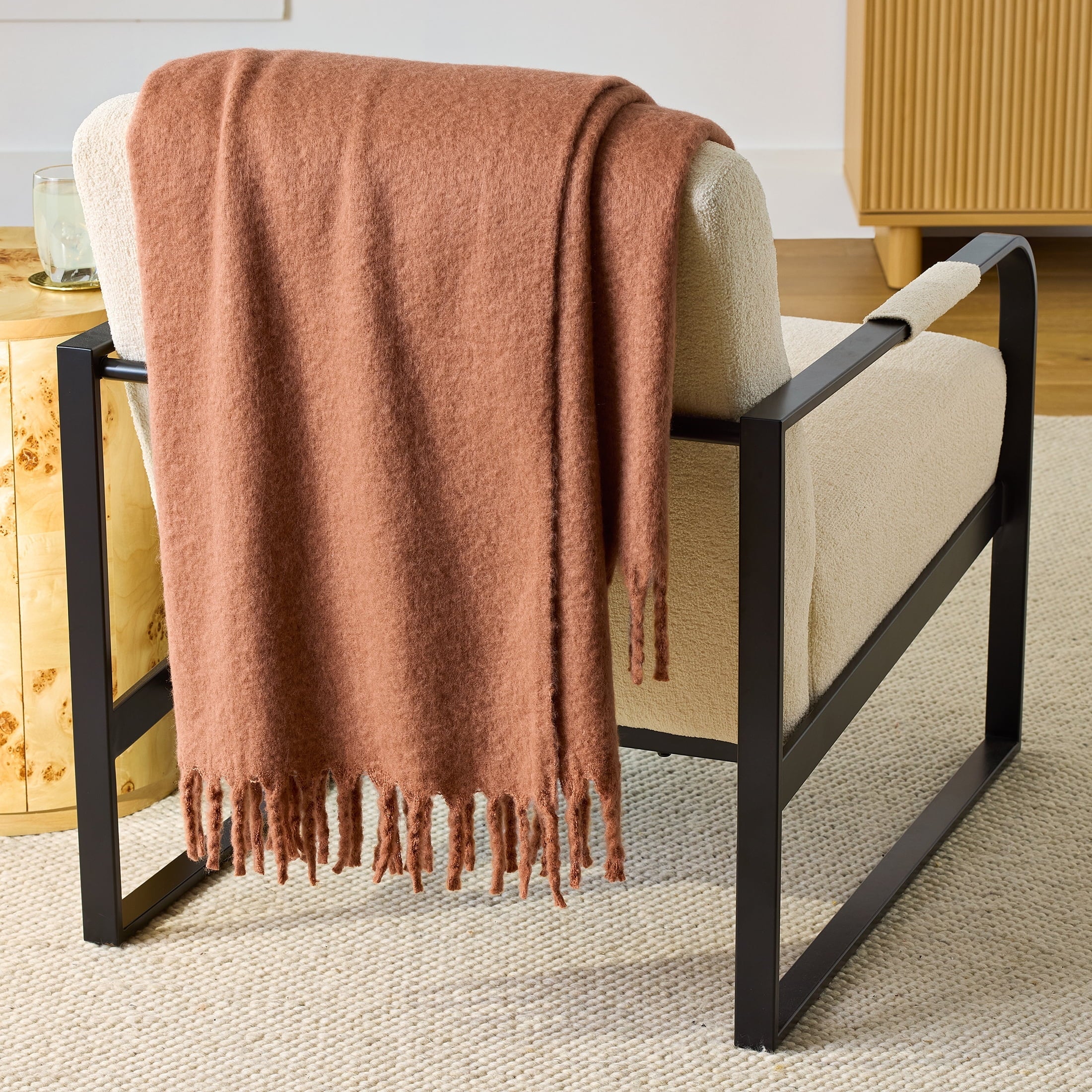 Reversible Sherpa Faux Mohair Cozy Couch Throw Blanket Terracotta Clay, 50x72" - Luxury Knitted Decorative Throw Blanket with Fringes - Default Title