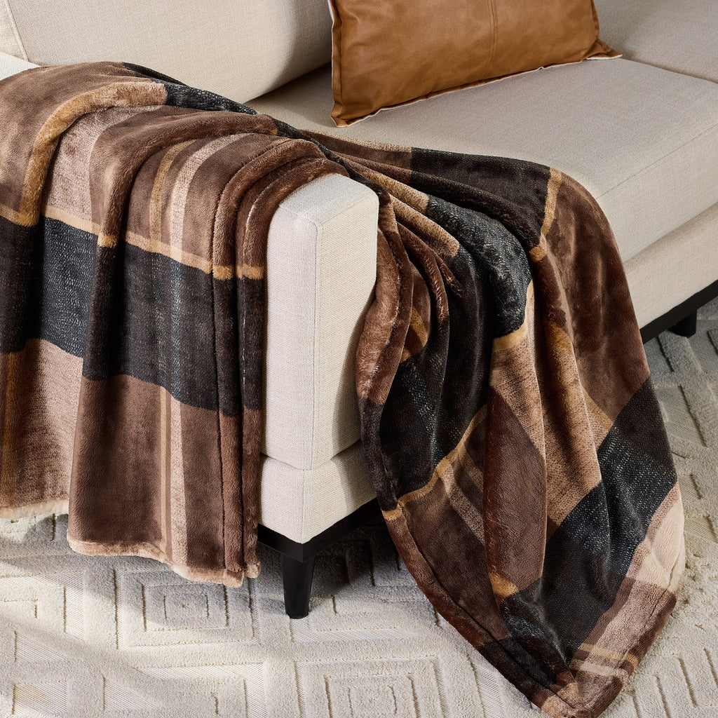 Super Soft Flannel Printed Velvet Plush Super Soft Throw Blanket, Oversized, Shelton Brown Plaid - Luxury Knitted Decorative Throw Blanket with Fringes - Default Title