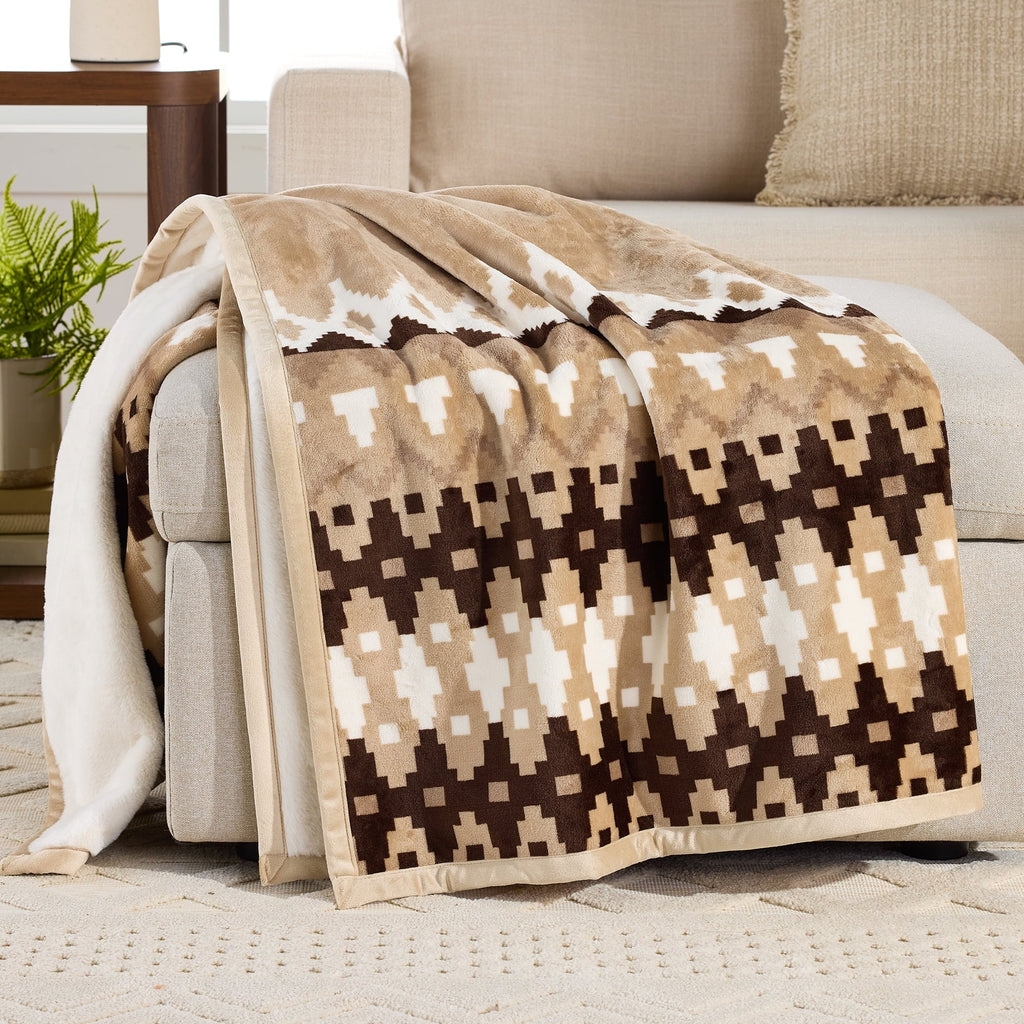 Reversible Sherpa Printed Velvet Plush Reverse to Faux Fur Super Soft Throw Blanket, Oversized, Linder Border Beige - Lightweight Plush Warm Blanket for All Seasons - Default Title