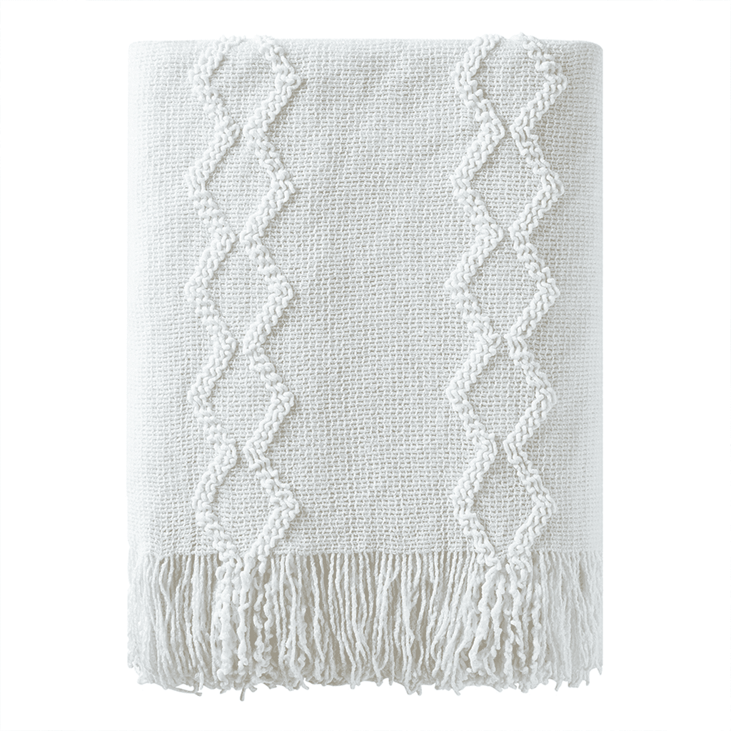 Super Soft Flannel Fluffy Chenille Knitted Fringe Throw Blanket, Lightweight Soft Cozy Bed Sofa Chair Blanket, White, 50" x 60" - Luxury Knitted Decorative Throw Blanket with Fringes - Default Title