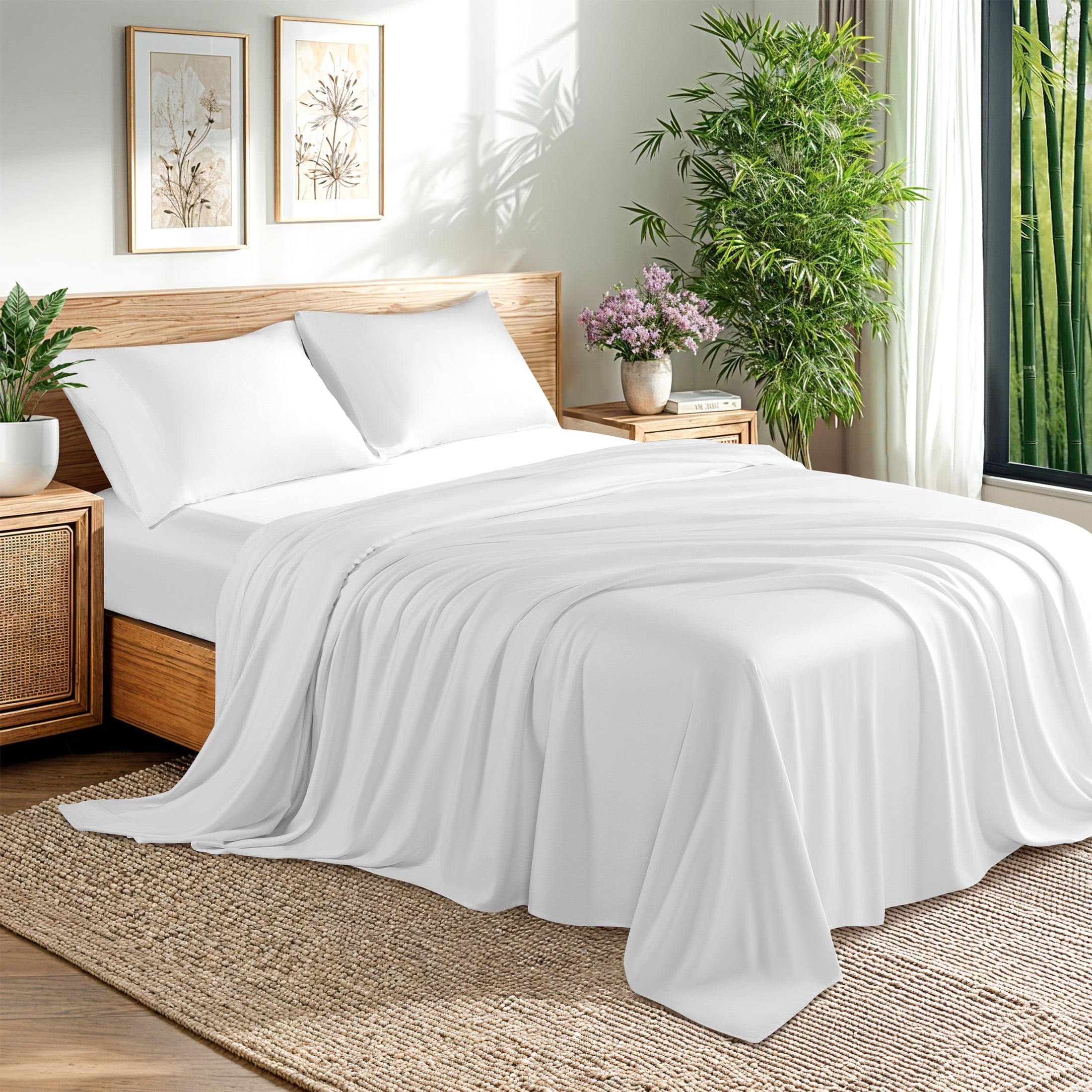 Breathable Luxury Bamboo Sheets Set, 4-Piece Queen Sheet Set with 16" Deep Pockets, Soft and Breathable Bed Sheets, White - Cooling Hotel Quality Bedding Sheets and Pillowcases - Default Title