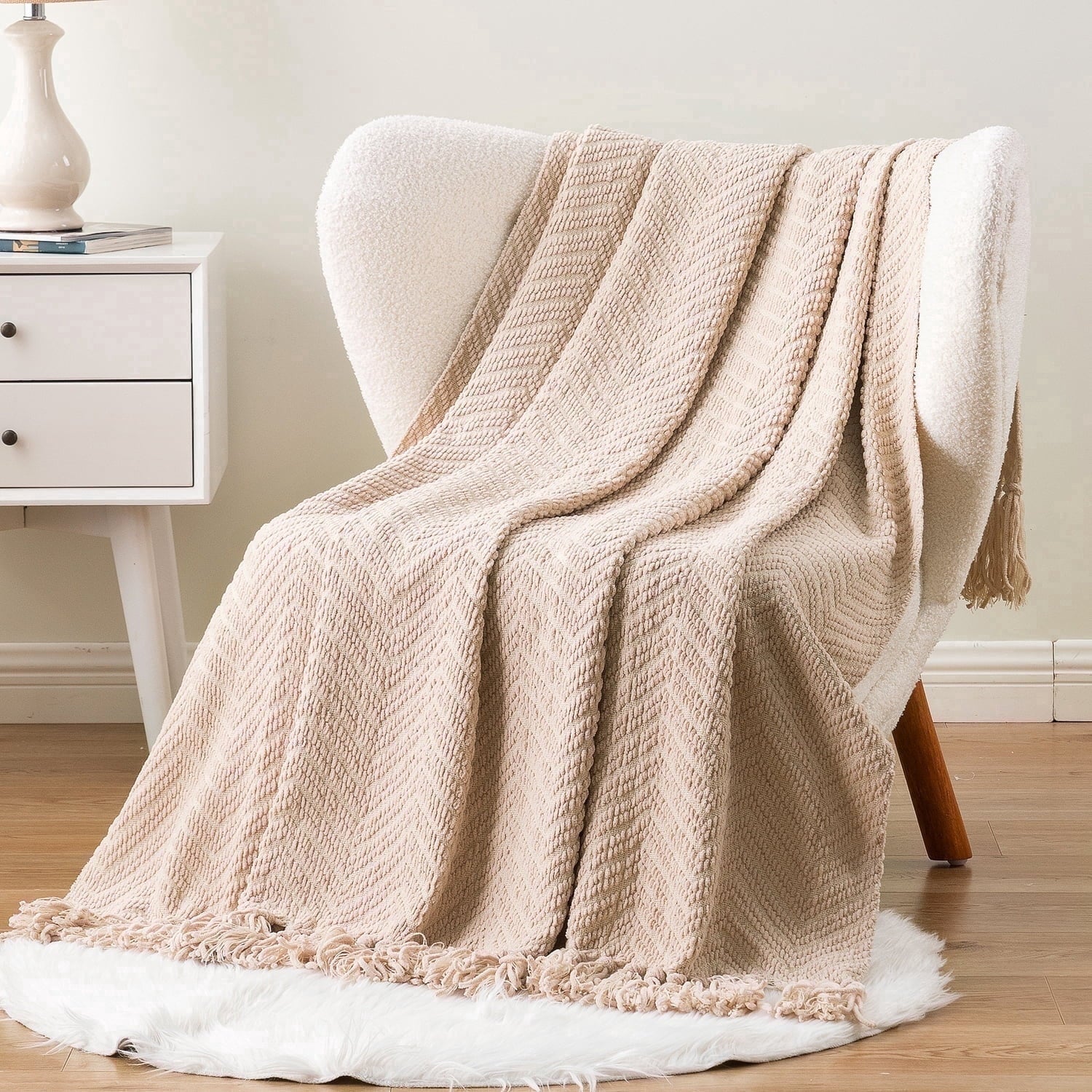 Reversible Sherpa Beige Throw Blanket,Textured Knitted Tan Throws with Tassels,Neutral Sofa Bed Throws,50"x60" - Super Soft Reversible Sherpa Flannel Blanket - Default Title