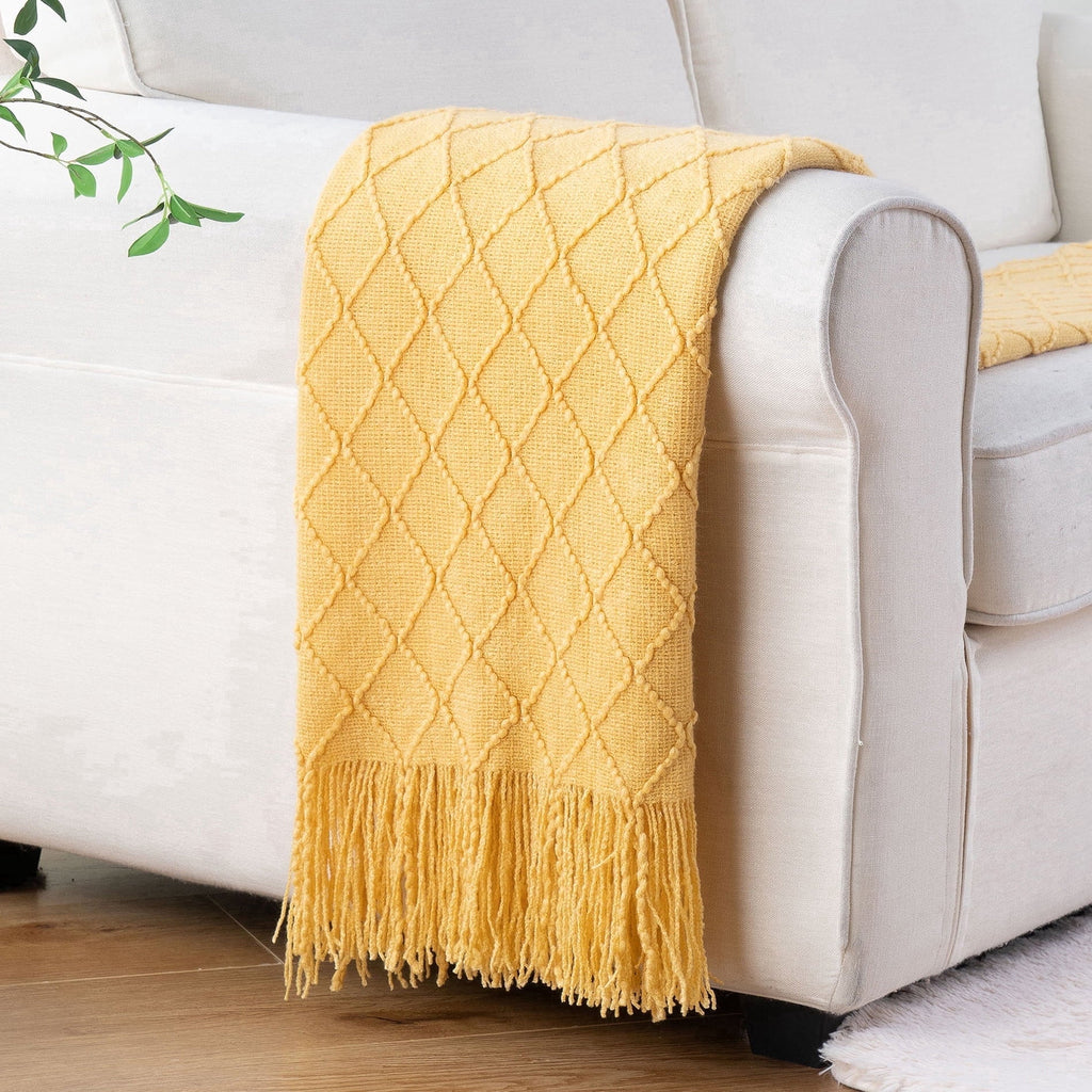 Lightweight Warm Mustard Throw Blanket for Couch,Gold Yellow Knit Throw with Fringe,Outdoor Throw ,50"x60" - Super Soft Reversible Sherpa Flannel Blanket - Default Title