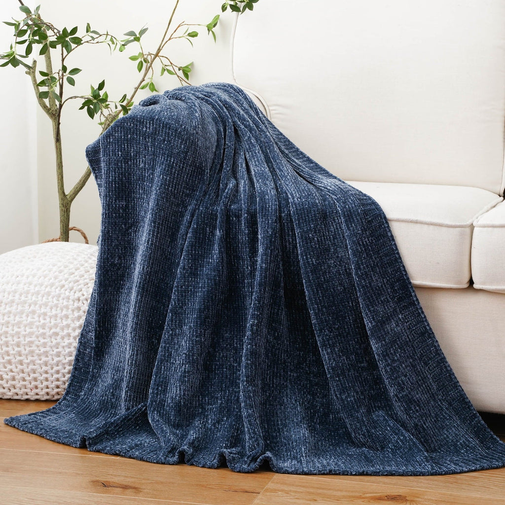 Decorative Knitted Navy Blue Chenille Throw for Couch Bed,Soft Navy Knit Blanket, Housewarming Gifts, 51"x 67" - Luxury Knitted Decorative Throw Blanket with Fringes - Default Title