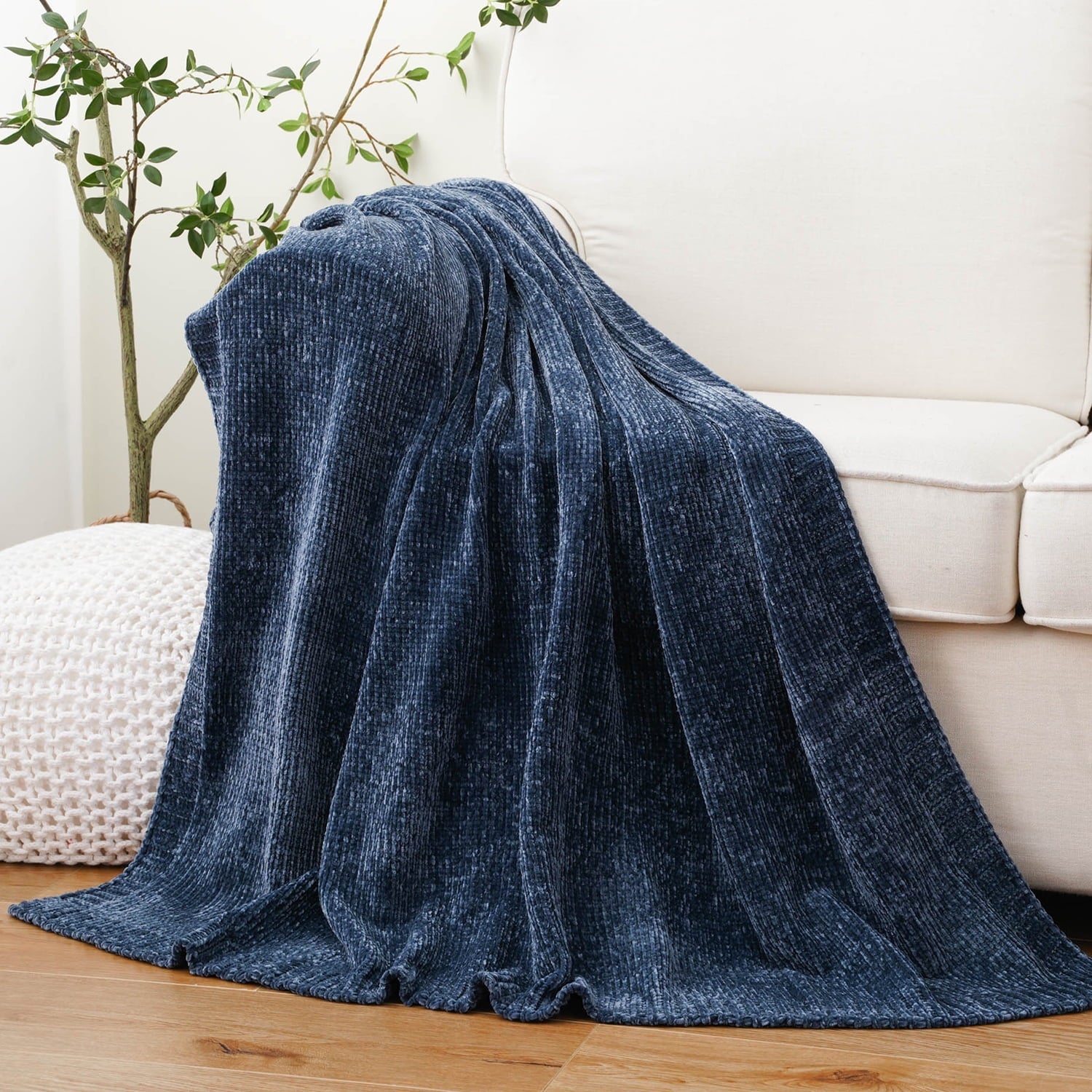 Decorative Knitted Navy Blue Chenille Throw for Couch Bed,Soft Navy Knit Blanket, Housewarming Gifts, 51"x 67" - Luxury Knitted Decorative Throw Blanket with Fringes - Default Title