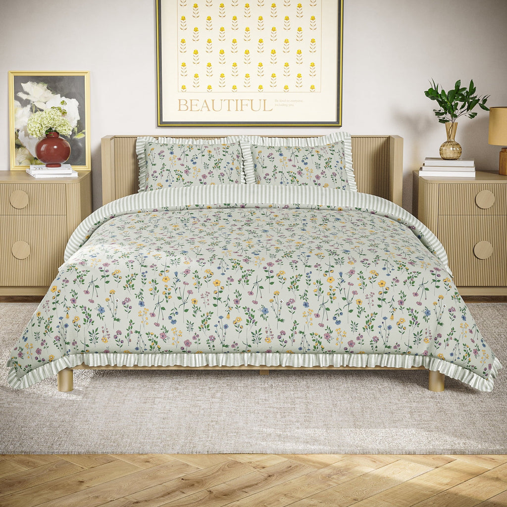 Heavyweight Warmth 100% Cotton Botanical 3-Piece Sage Green Comforter Set, Full/Queen - Hypoallergenic Ultra-Fluffy Quilt for Winter - Default Title