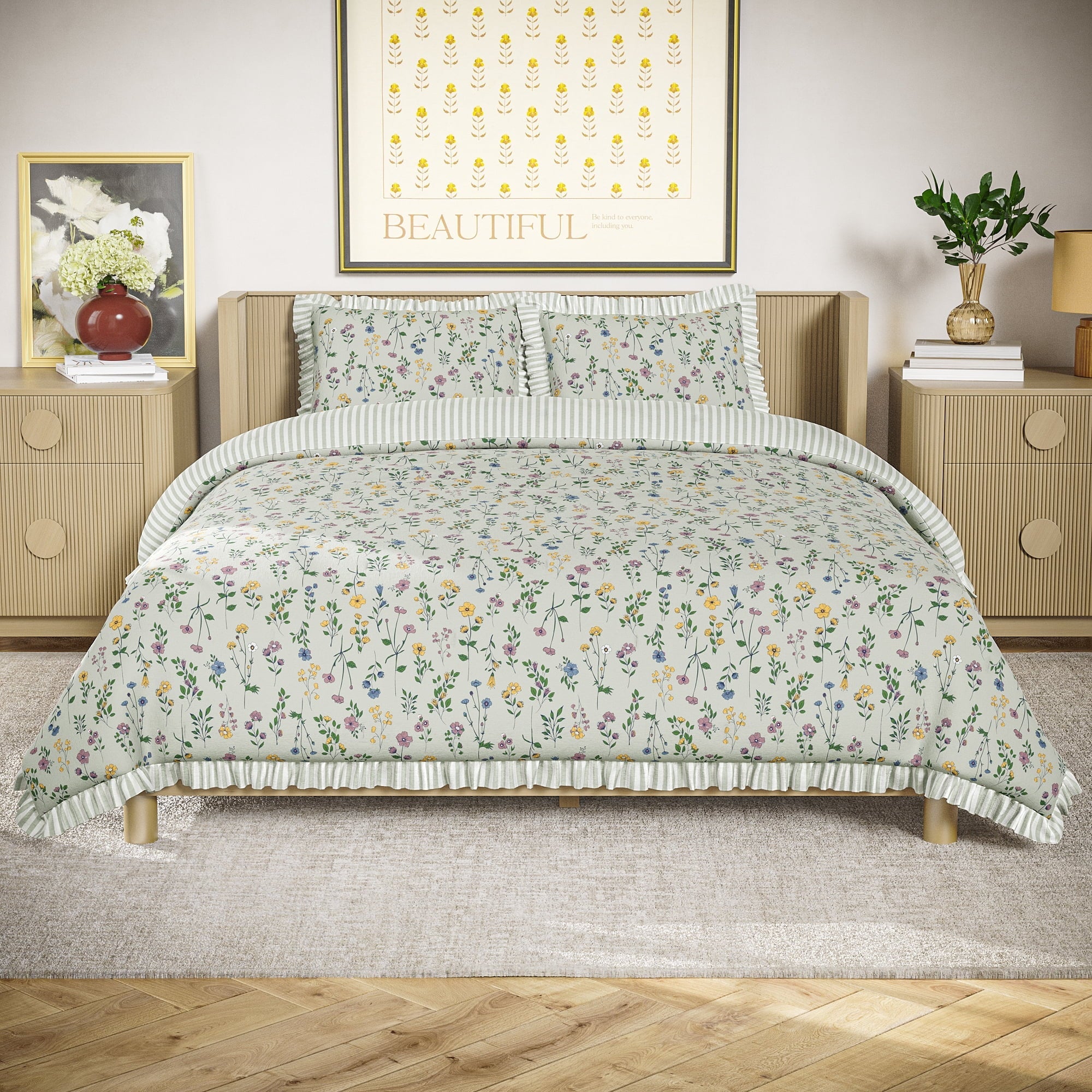 Heavyweight Warmth 100% Cotton Botanical 3-Piece Sage Green Comforter Set, Full/Queen - Hypoallergenic Ultra-Fluffy Quilt for Winter - Default Title