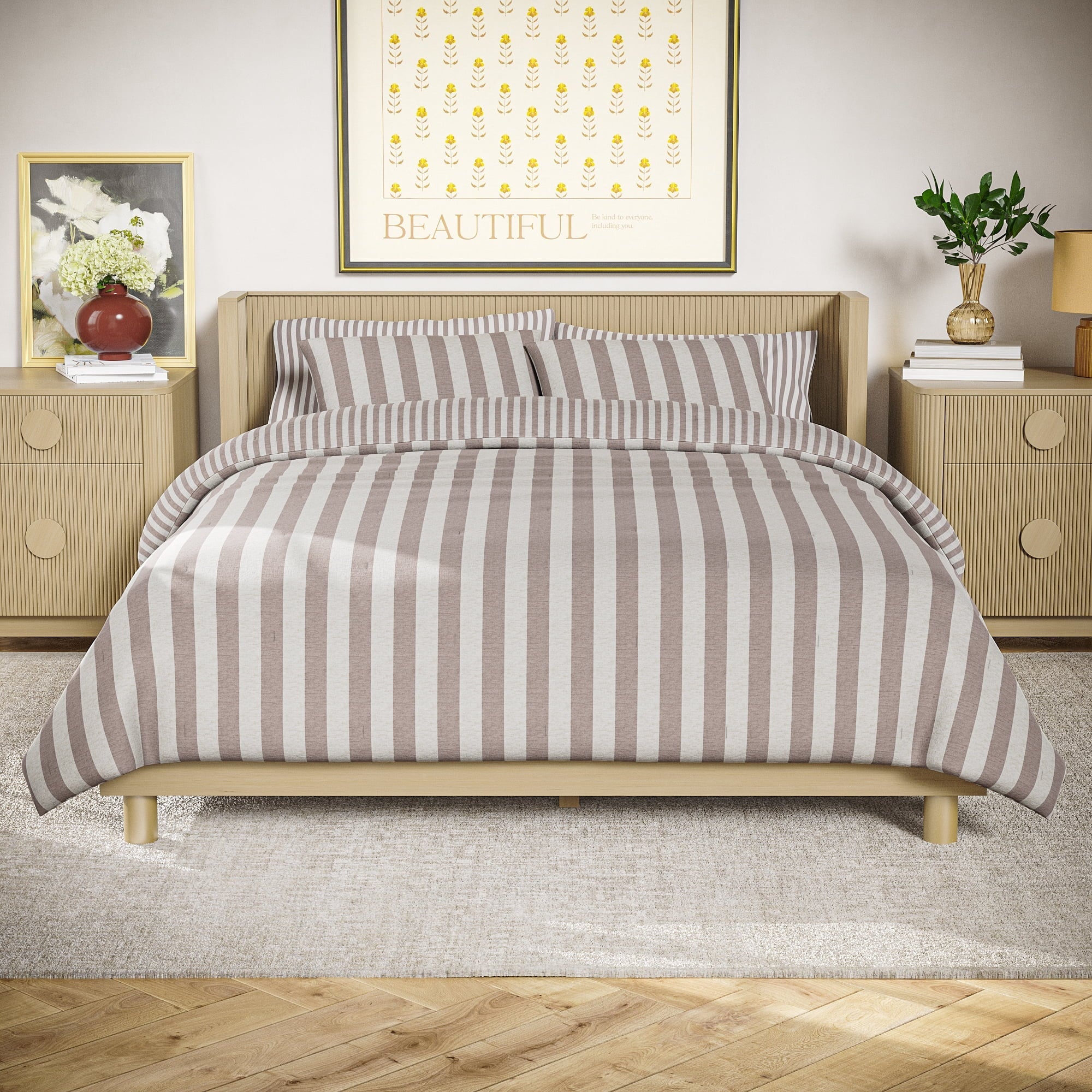 Hypoallergenic Cloud 100% Cotton Striped 3-Piece Natural Comforter Set, Full/Queen - All-Season Down Alternative Comforter Insert - Default Title