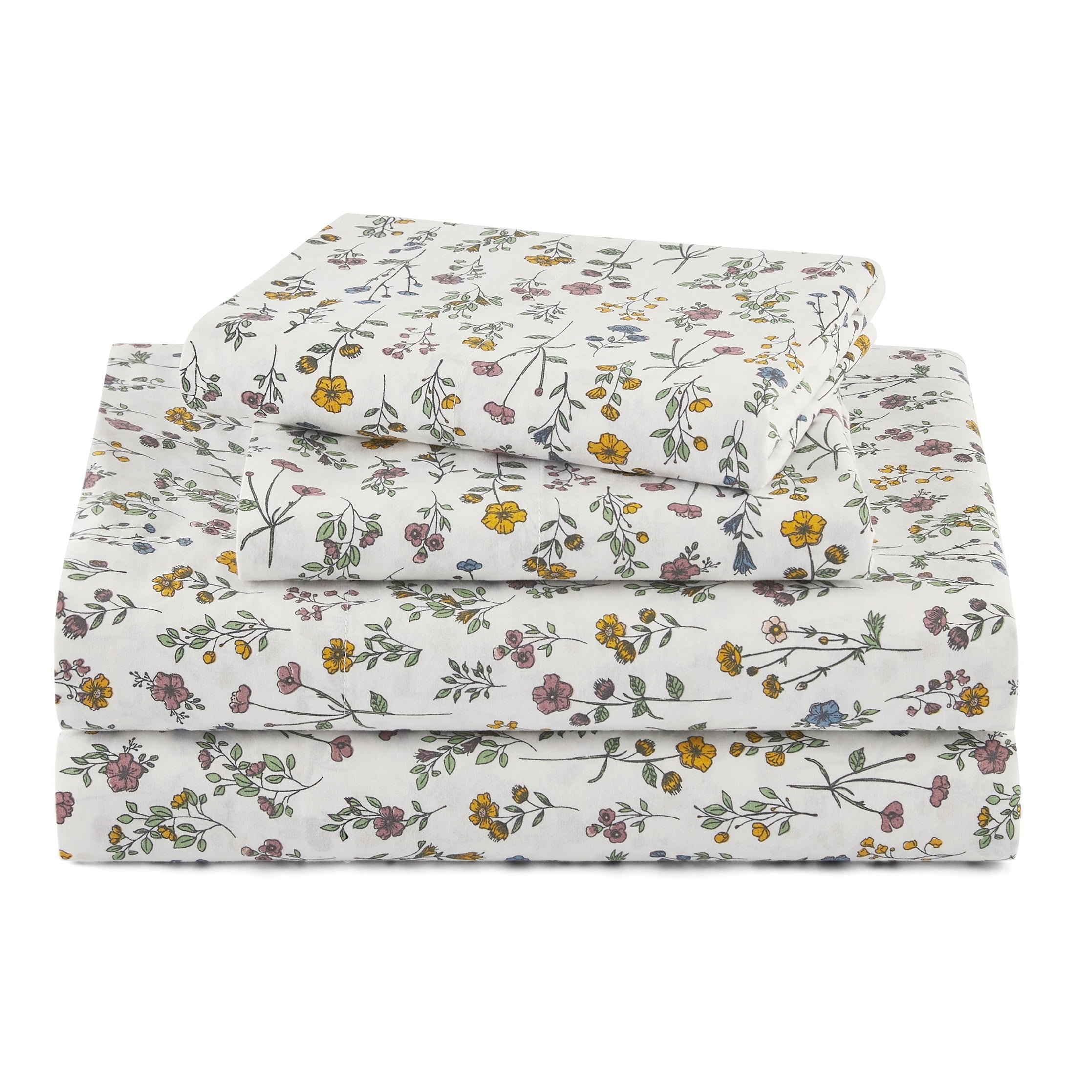 Ultra-Soft Botanical 4-Piece 100% Cotton Washed Percale White Sheet Set, Queen - Cooling Hotel Quality Bedding Sheets and Pillowcases - Default Title