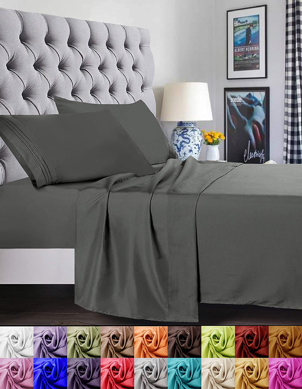 Wrinkle-Resistant 4 Pieces Bed Sheet set Flat,Fitted,Pillowcase , Queen Grey - Breathable Egyptian Cotton Flat & Fitted Sheets - Default Title