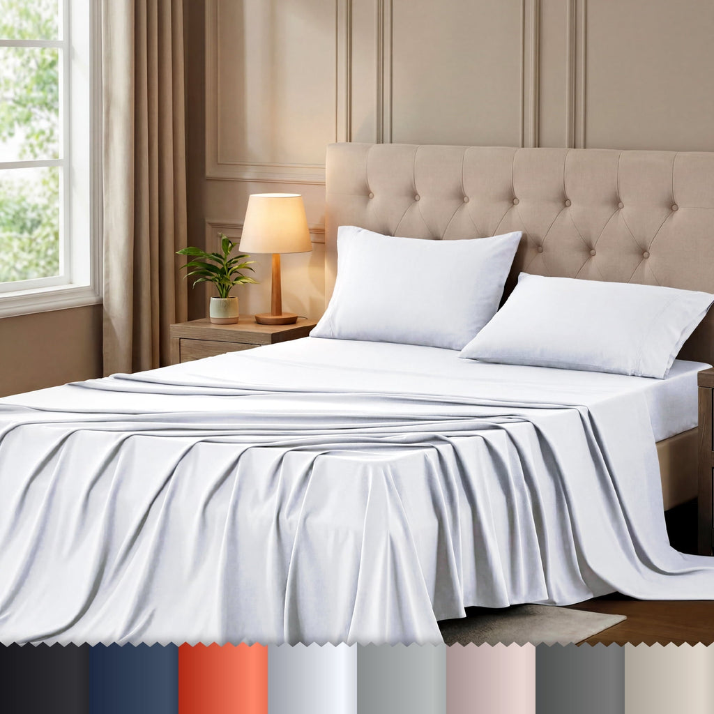 Cooling Sateen Queen Size Bed Sheet Set in Bright White – 4 Piece Microfiber Sheets, Ultra-Soft, Deep Pocket, Wrinkle-Resistant, Eas... - Cooling Hotel Quality Bedding Sheets and Pillowcases - Default Title