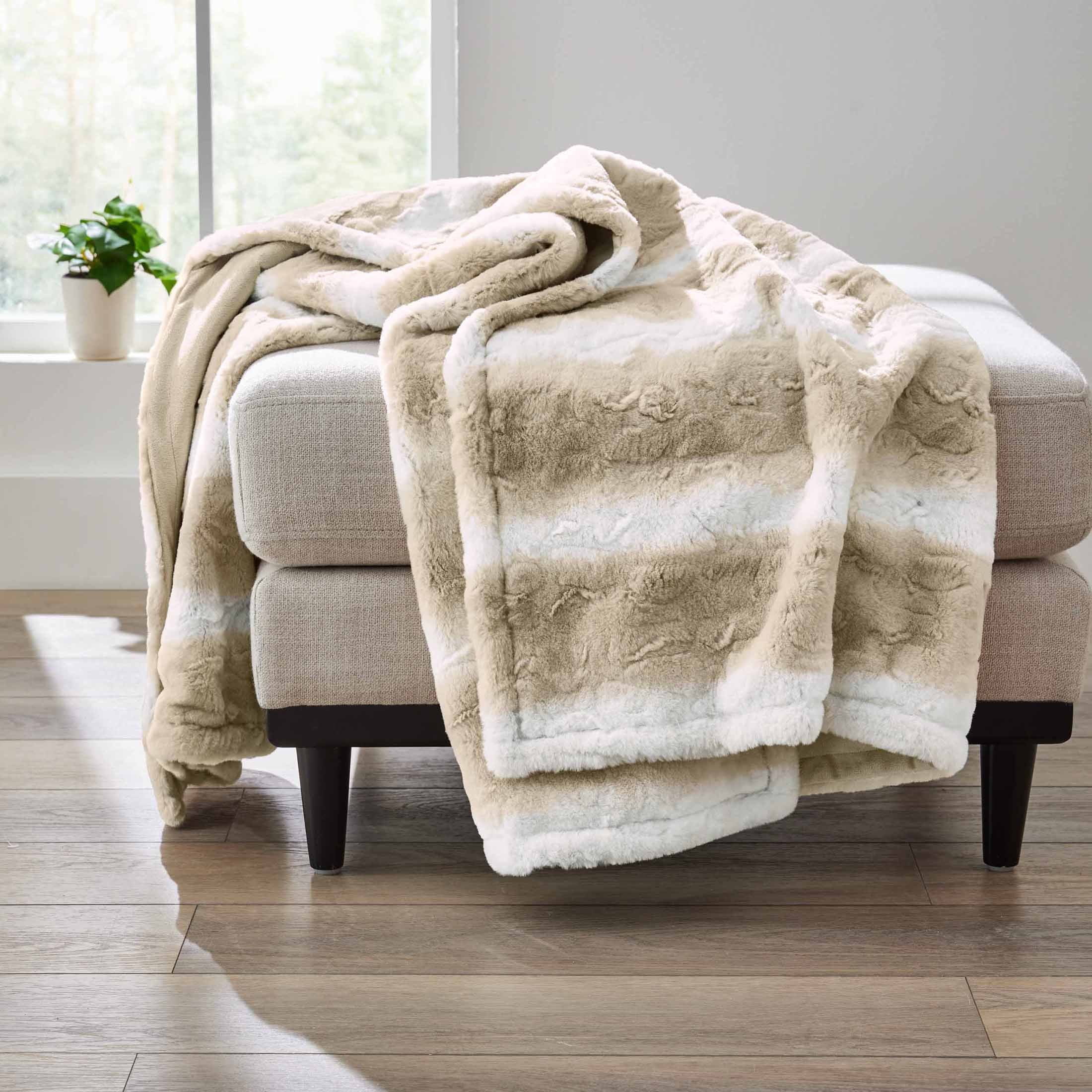 Reversible Sherpa Almond Biscuit Ombre Faux Fur Throw, 50"x72" - Luxury Knitted Decorative Throw Blanket with Fringes - Default Title