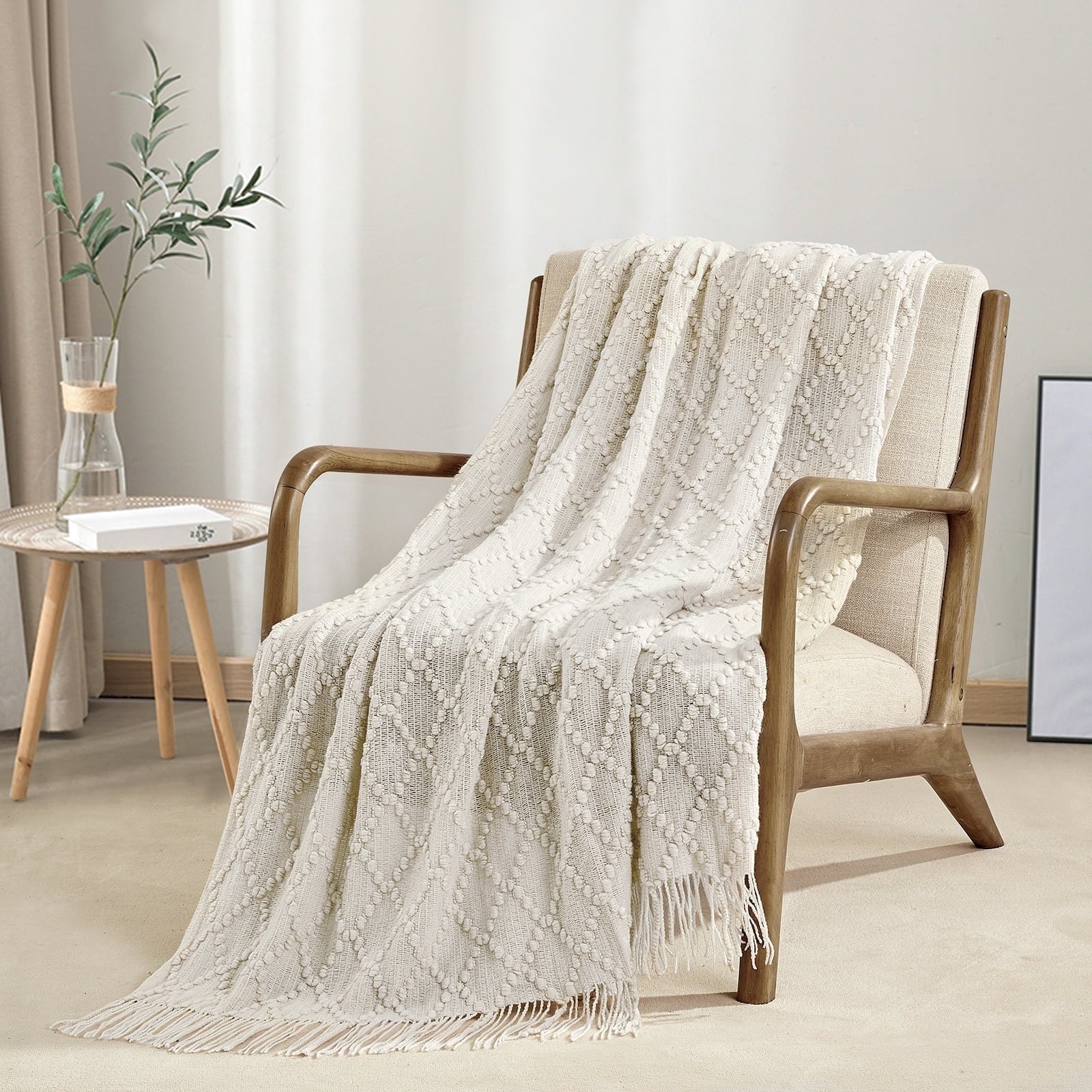 Super Soft Flannel Texture Pure Color Soft Throw Blanket and Sofa Or Bed Knitted Decorative Blanket 50 x70 inches Jacquard Diamond Beige... - Lightweight Plush Warm Blanket for All Seasons - Default Title