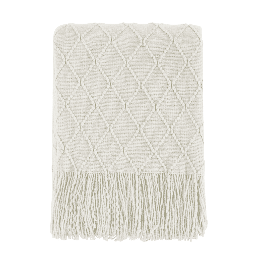 Lightweight Warm Rhombus Beige Throw Blanket, Soft and Lightweight, 50"x 60" - Luxury Knitted Decorative Throw Blanket with Fringes - Default Title