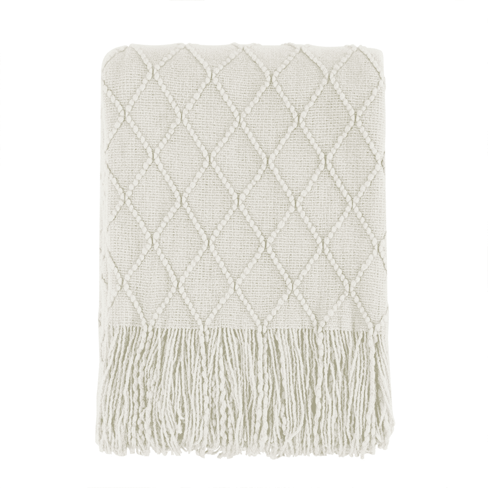 Lightweight Warm Rhombus Beige Throw Blanket, Soft and Lightweight, 50"x 60" - Luxury Knitted Decorative Throw Blanket with Fringes - Default Title