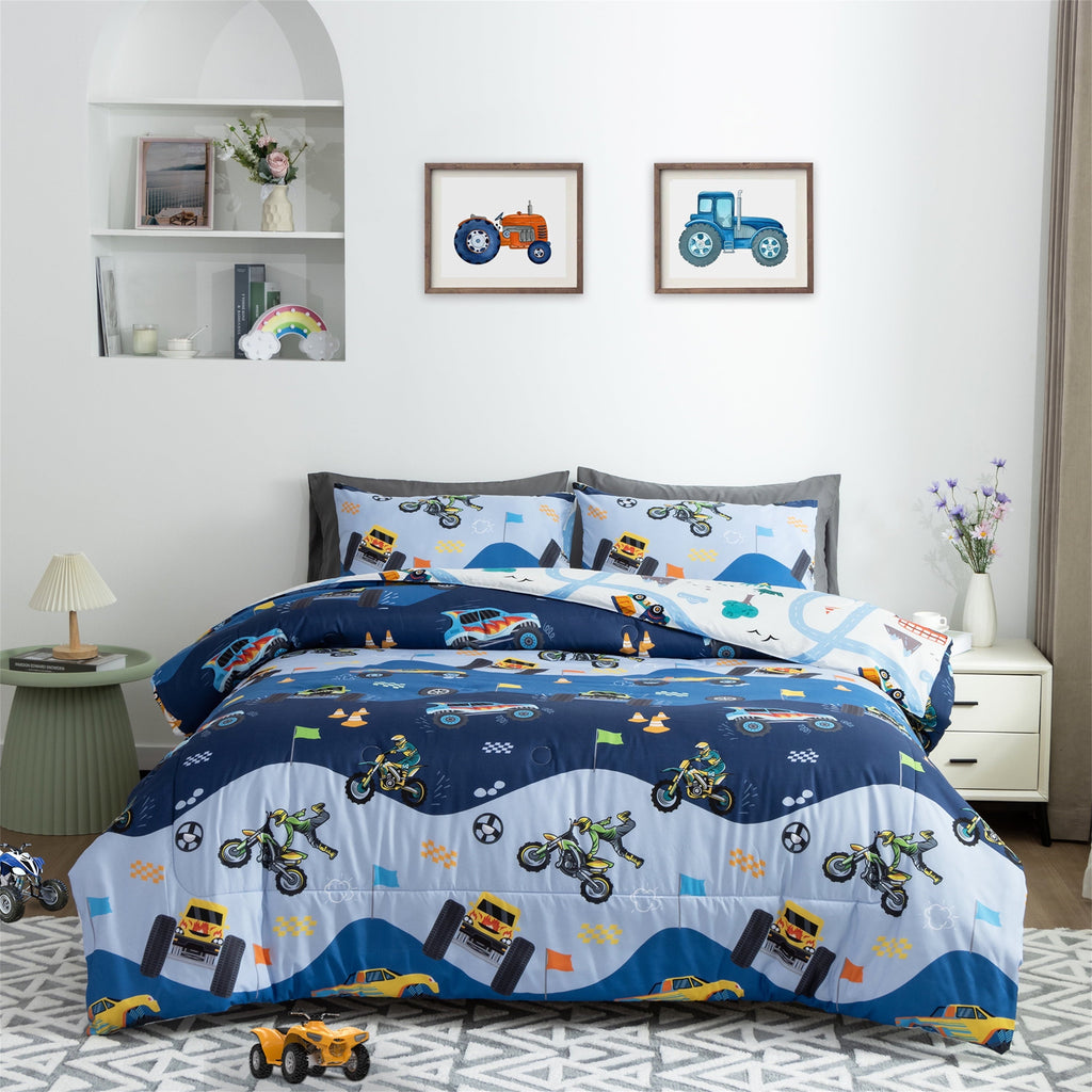 Hypoallergenic Cloud 3Pcs Reversible Construction Truck Twin Comforter Set for Boys Kids Excavator Vehicle Motorcycle Bedding Set Blue - All-Season Down Alternative Comforter Insert - Default Title