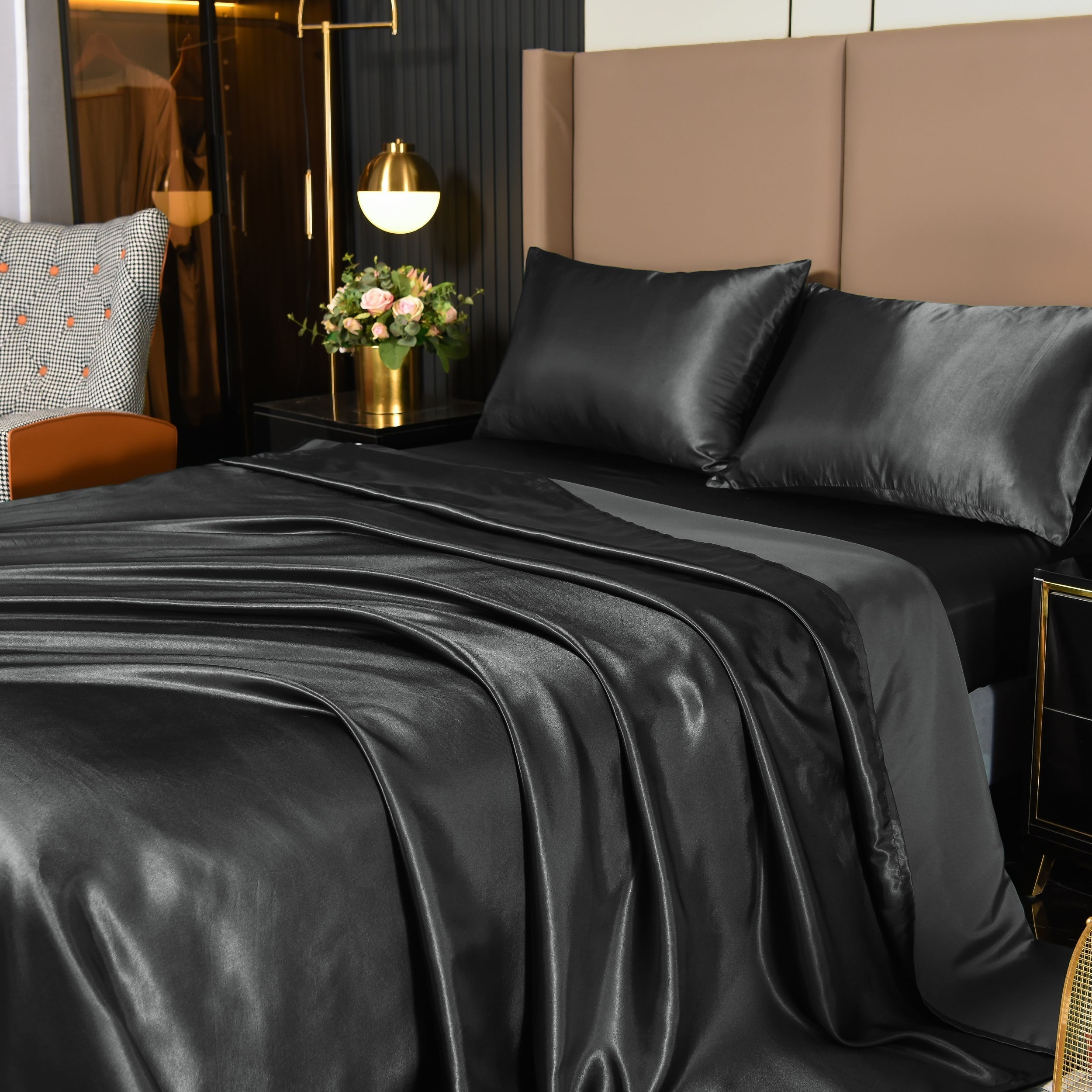 Ultra-Soft 4Pcs Black Satin Sheets Queen Set Silk Sheets 13" Deep Pocket Ultra Soft silky Bed Sheet Set - Luxury Bed Sheet Set with Deep Pockets - Default Title