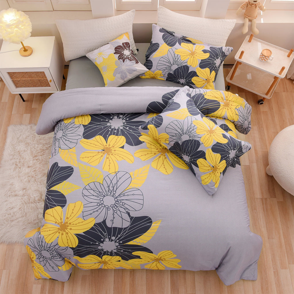 Luxurious Quilted Yellow Floral Comforter Set Queen Flower Bed Set Adult Soft Botanical Boho Bedding Set - Luxurious Quilted Duvet Cover Set - Default Title