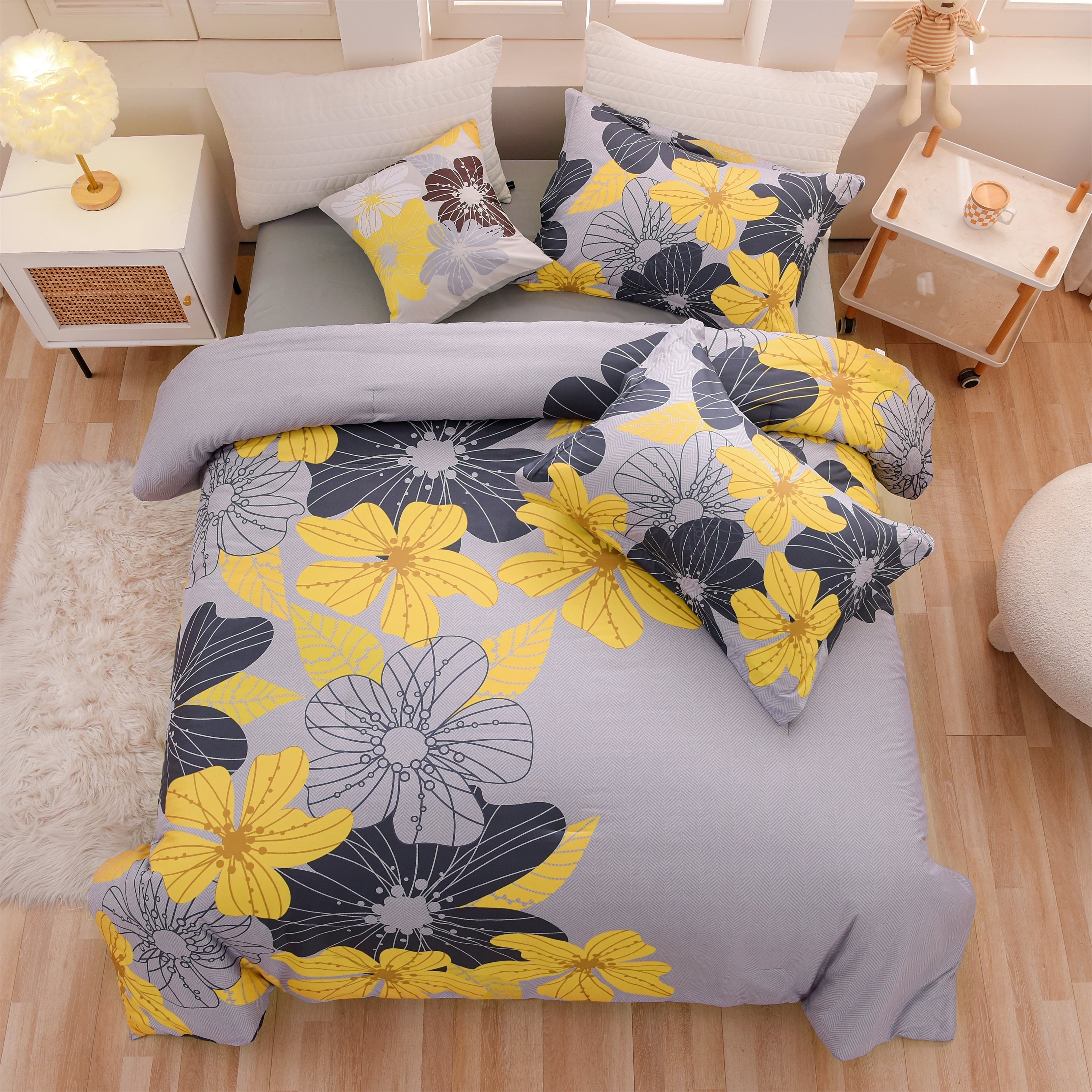 Luxurious Quilted Yellow Floral Comforter Set Queen Flower Bed Set Adult Soft Botanical Boho Bedding Set - Luxurious Quilted Duvet Cover Set - Default Title