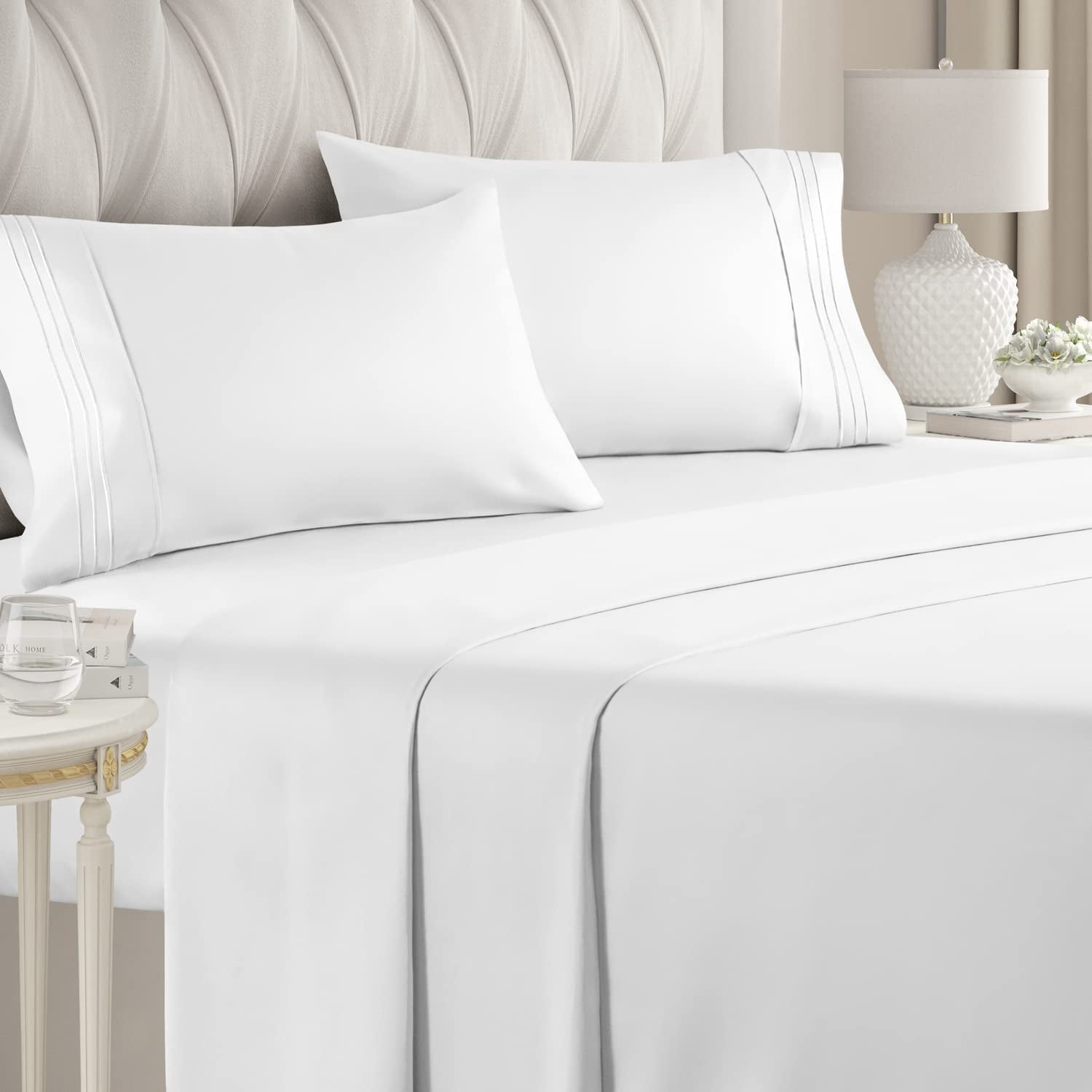 Wrinkle-Resistant 4-Piece Ultra Soft & Comfy Hotel Luxury Sheet Set - Full Size Cooling Bed Sheet Fits 8"-16" Mattresses, White - Cooling Hotel Quality Bedding Sheets and Pillowcases - Default Title