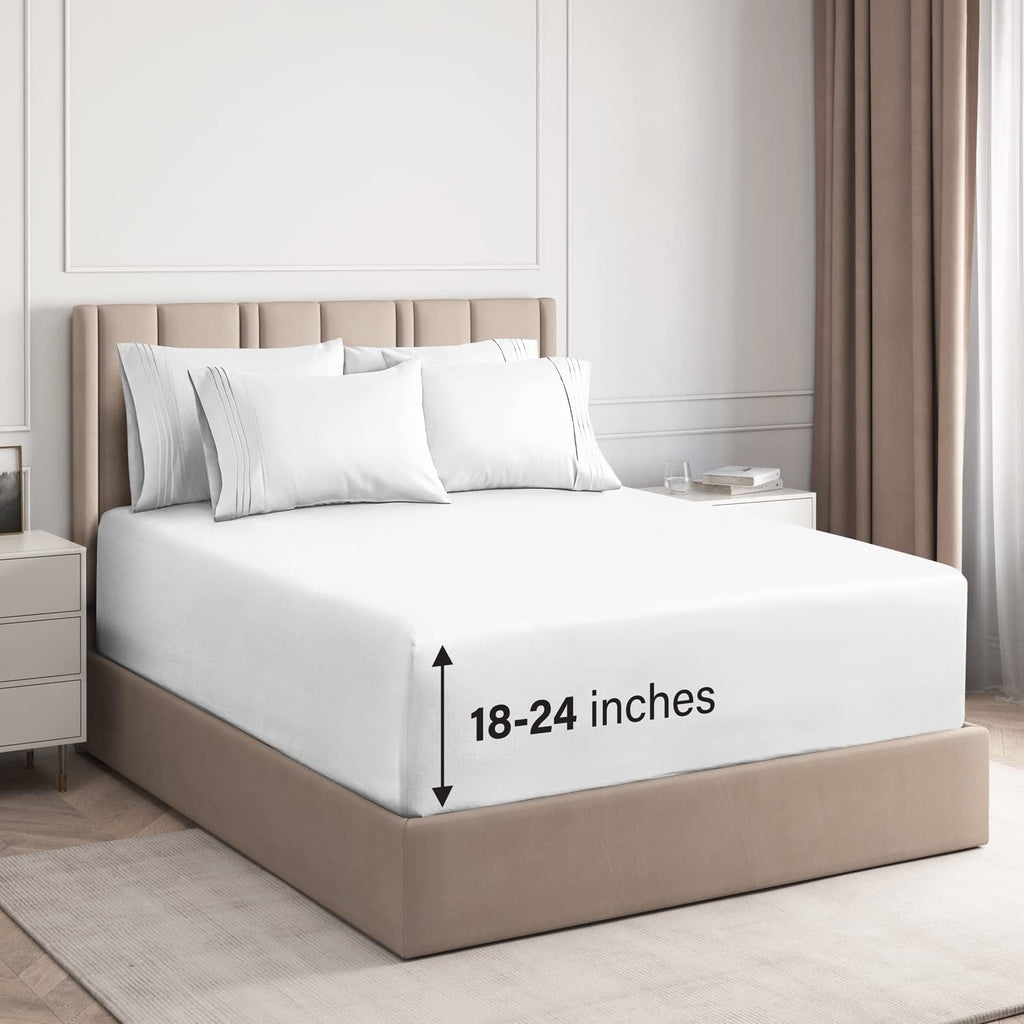 Ultra-Soft 6-Piece Extra Deep Pocket Sheet Set With Extra Matching Pillowcases - King Size Bed Sheets Fits 18"-24" Ma... - Breathable Egyptian Cotton Flat & Fitted Sheets - Default Title