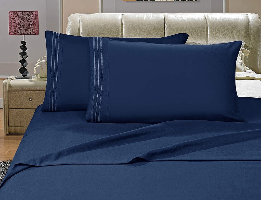Cooling Sateen 4-Piece Microfiber Bed Sheet Set, Soft & Breathable, Wrinkle & Fade Resistant, Deep Pocket, Queen, Navy Blue - Premium Ultra-Soft Pillowcase Pair for Sleeping - Default Title