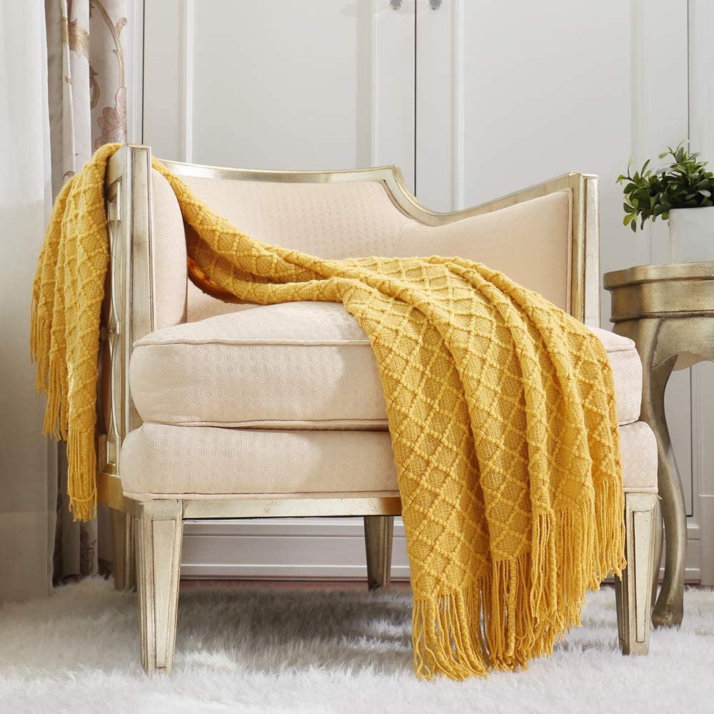 Super Soft Flannel Decorative Soft Spring Summer Fall Throw Blanket ,for Couch Sofa Chair Bed,50''X60'',Mustard Yellow - Luxury Knitted Decorative Throw Blanket with Fringes - Default Title