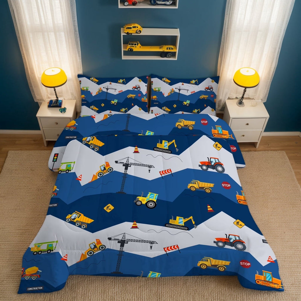 Hypoallergenic Cloud Car Comforter Set Construction Bedding Set for Boys Kids Trucks Comforter Cartoon Car Excavator Tractor Blue 3Pcs Twin - Hypoallergenic Ultra-Fluffy Quilt for Winter - Default Title