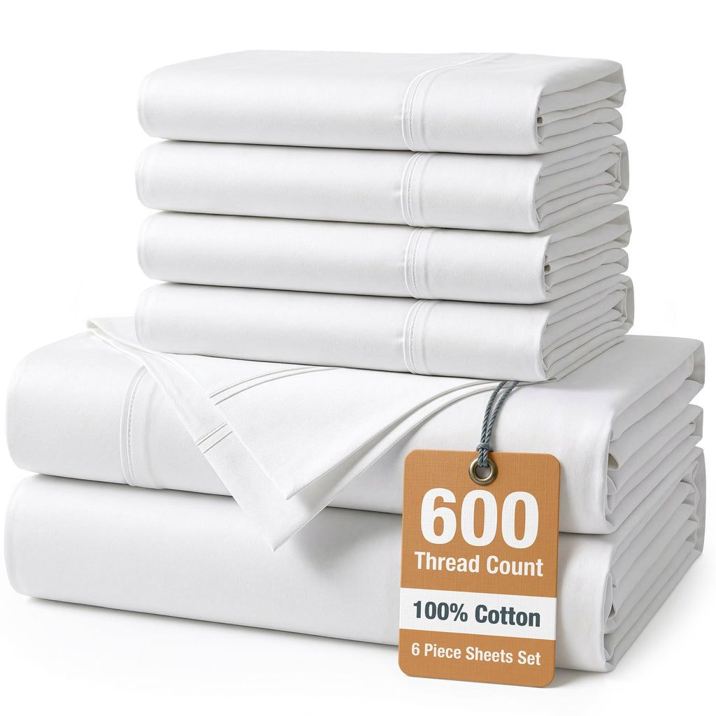 Ultra-Soft Bed Sheets Set – 6 Piece, 600 Thread Count, 100% Cotton Sheets, Hotel Luxury Sateen Finish, 15" Deep Pocket, Easy to ... - Breathable Egyptian Cotton Flat & Fitted Sheets - Default Title