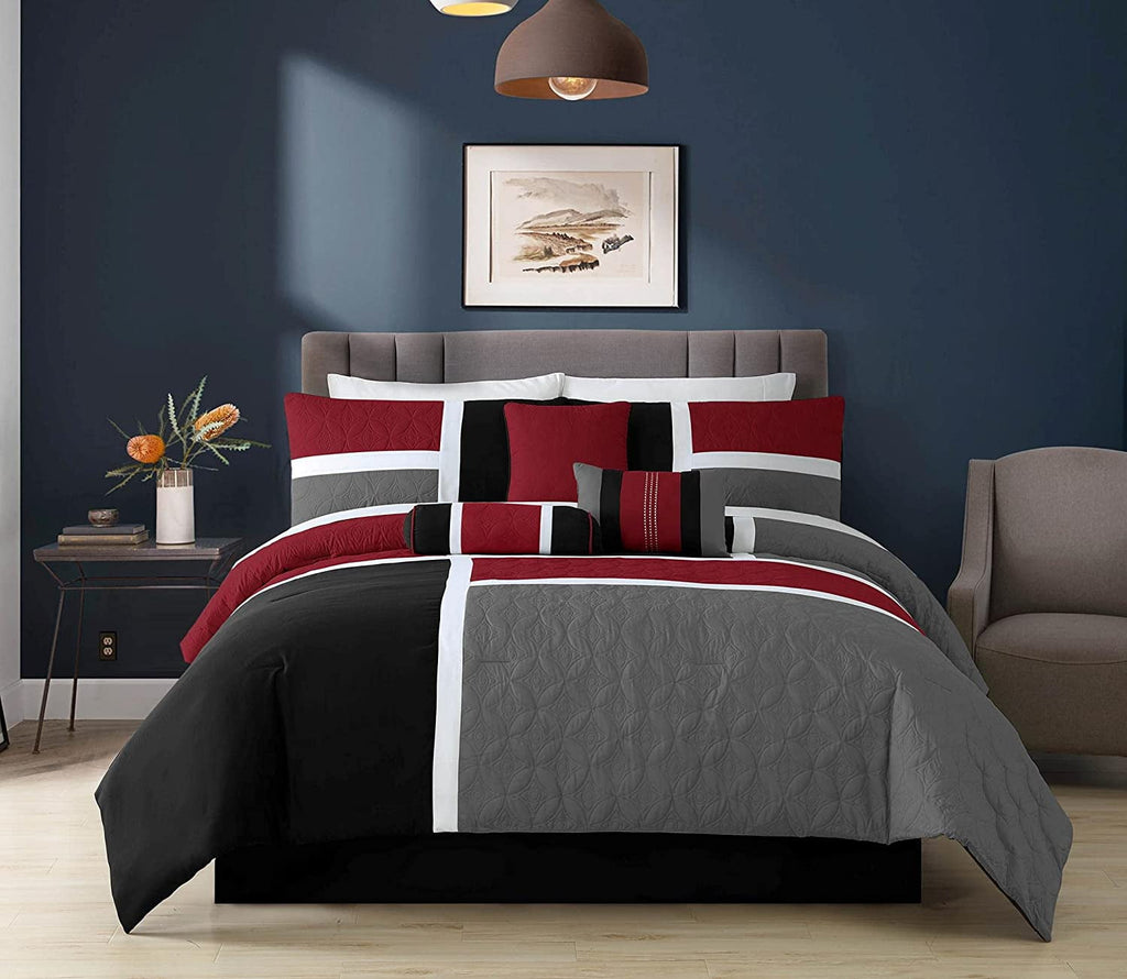 Luxurious Quilted 7-Piece Medallion Patchwork Comforter Set, Full, Red/Gray/Black - All-Season Down Alternative Comforter Insert - Default Title