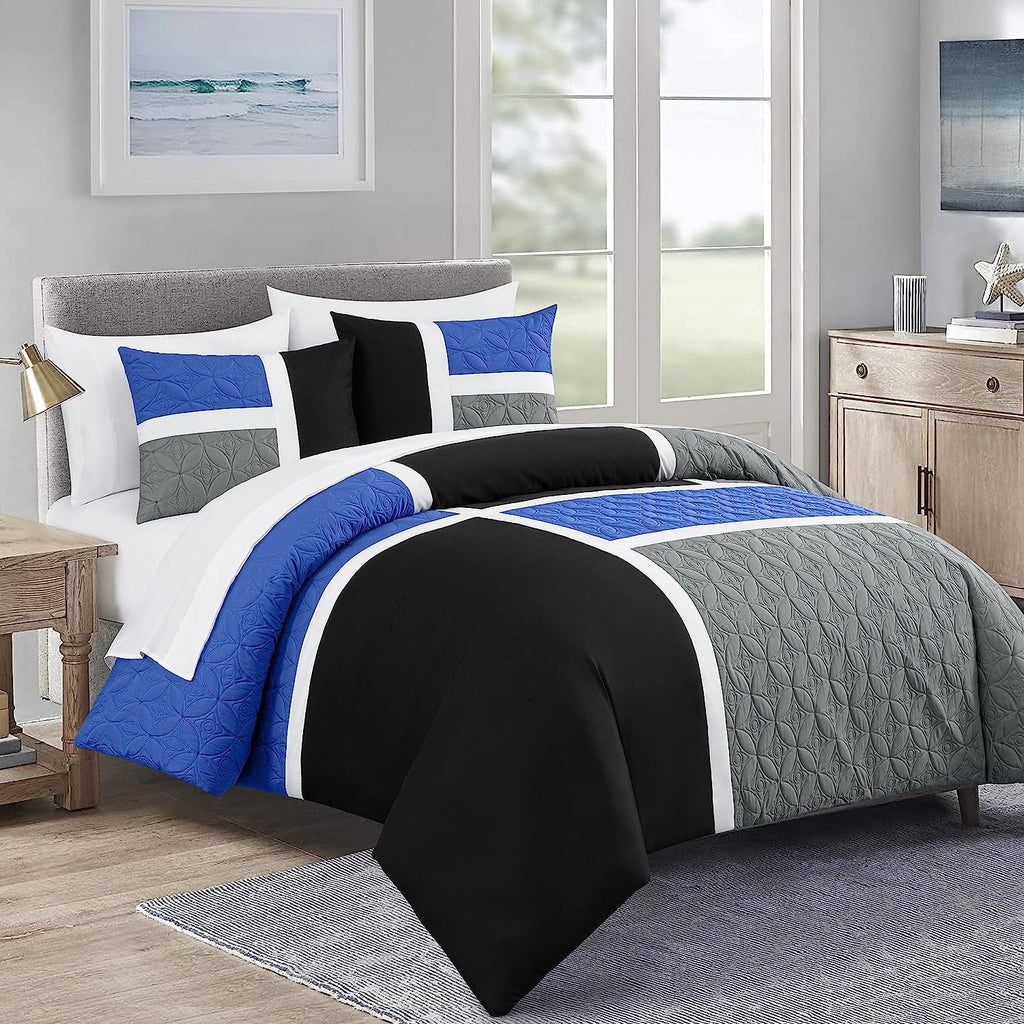 Heavyweight Warmth Bernard 7-Piece Full Bed in a Bag Comforter Set with Sheets, Lightweight Comforter Blue Black Gray Patchwork Quilted ... - Hypoallergenic Ultra-Fluffy Quilt for Winter - Default Title