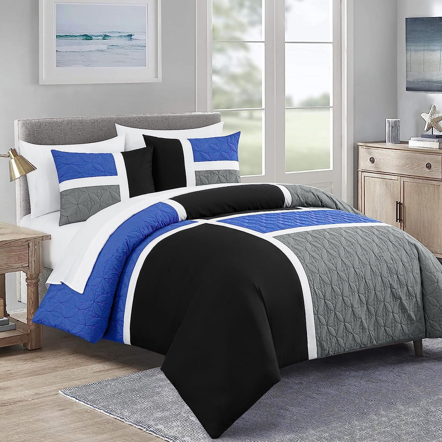 Heavyweight Warmth Bernard 7-Piece Full Bed in a Bag Comforter Set with Sheets, Lightweight Comforter Blue Black Gray Patchwork Quilted ... - Hypoallergenic Ultra-Fluffy Quilt for Winter - Default Title