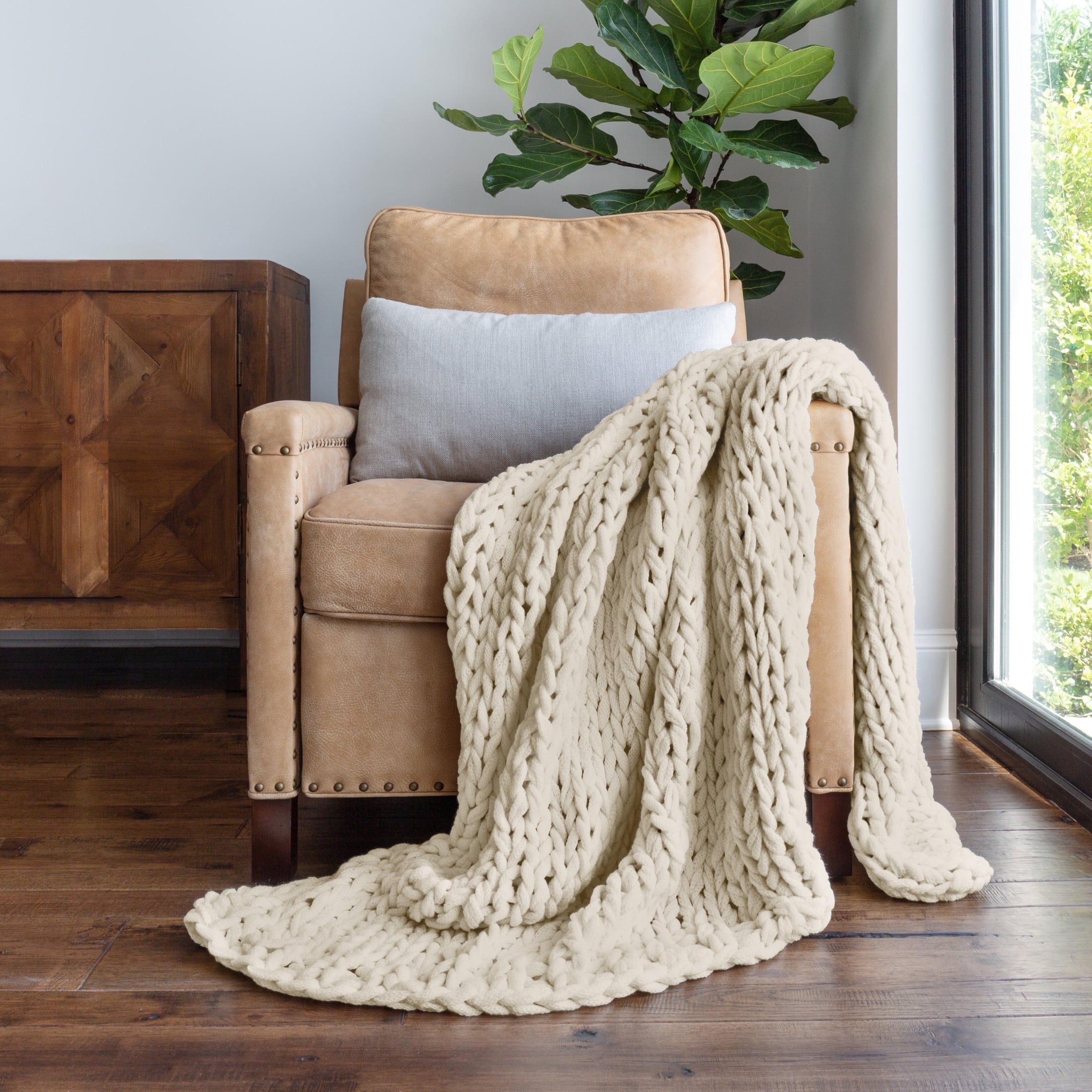 Reversible Sherpa Soft & Cozy Chunky Hand-Knit Throw Blanket, Ivory - Luxury Knitted Decorative Throw Blanket with Fringes - Default Title