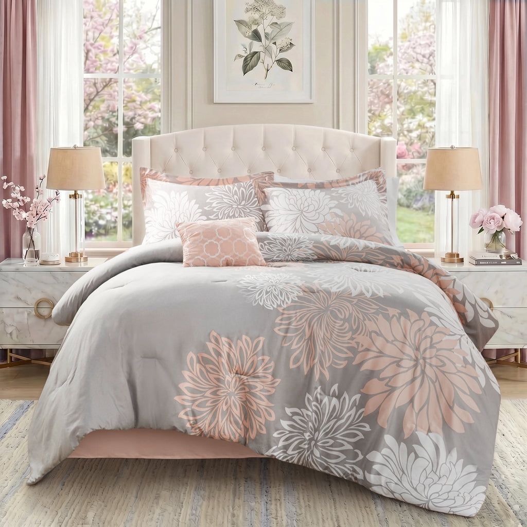 All-Season King Size Comforter Set, 5-Piece Floral Bedding Set for All Season, Blush Comforter Set King with Bed Skirt - Luxurious Quilted Duvet Cover Set - Default Title