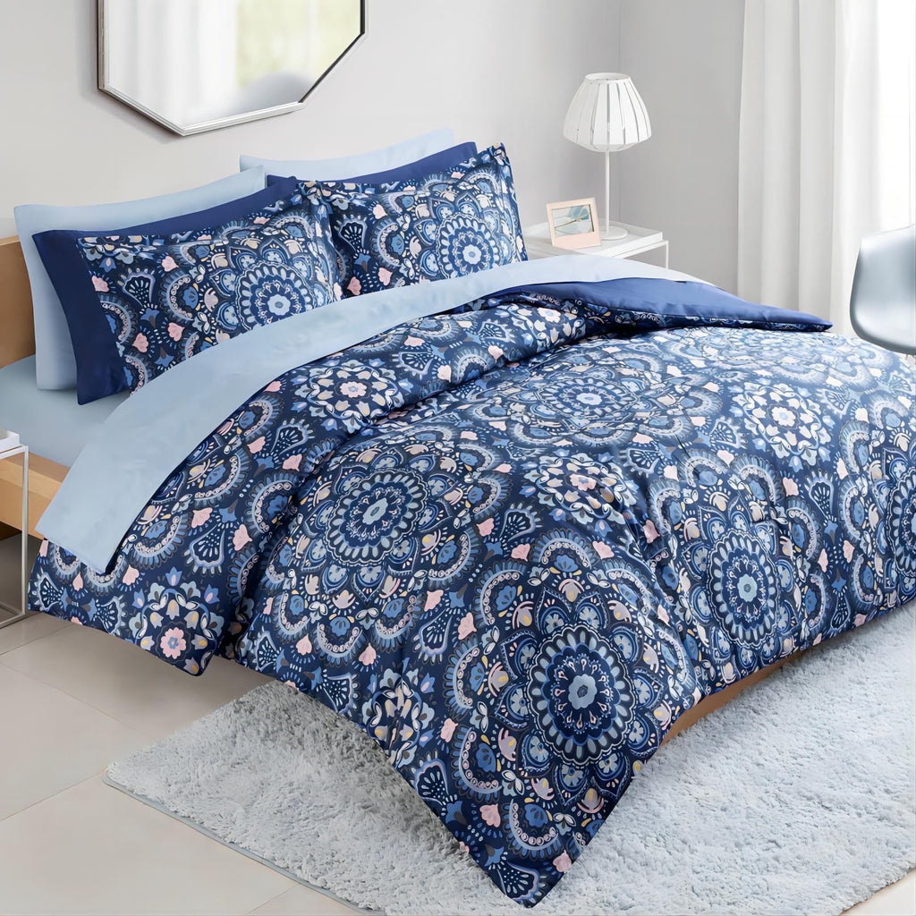 All-Season Queen Size Comforter Set, 9-Piece Bed in a Bag Queen, Navy Blue Bedding Comforter Set with Comforter, Flat Sheets, Fi... - Cloud-Like Soft Lightweight Bed Comforter - Default Title