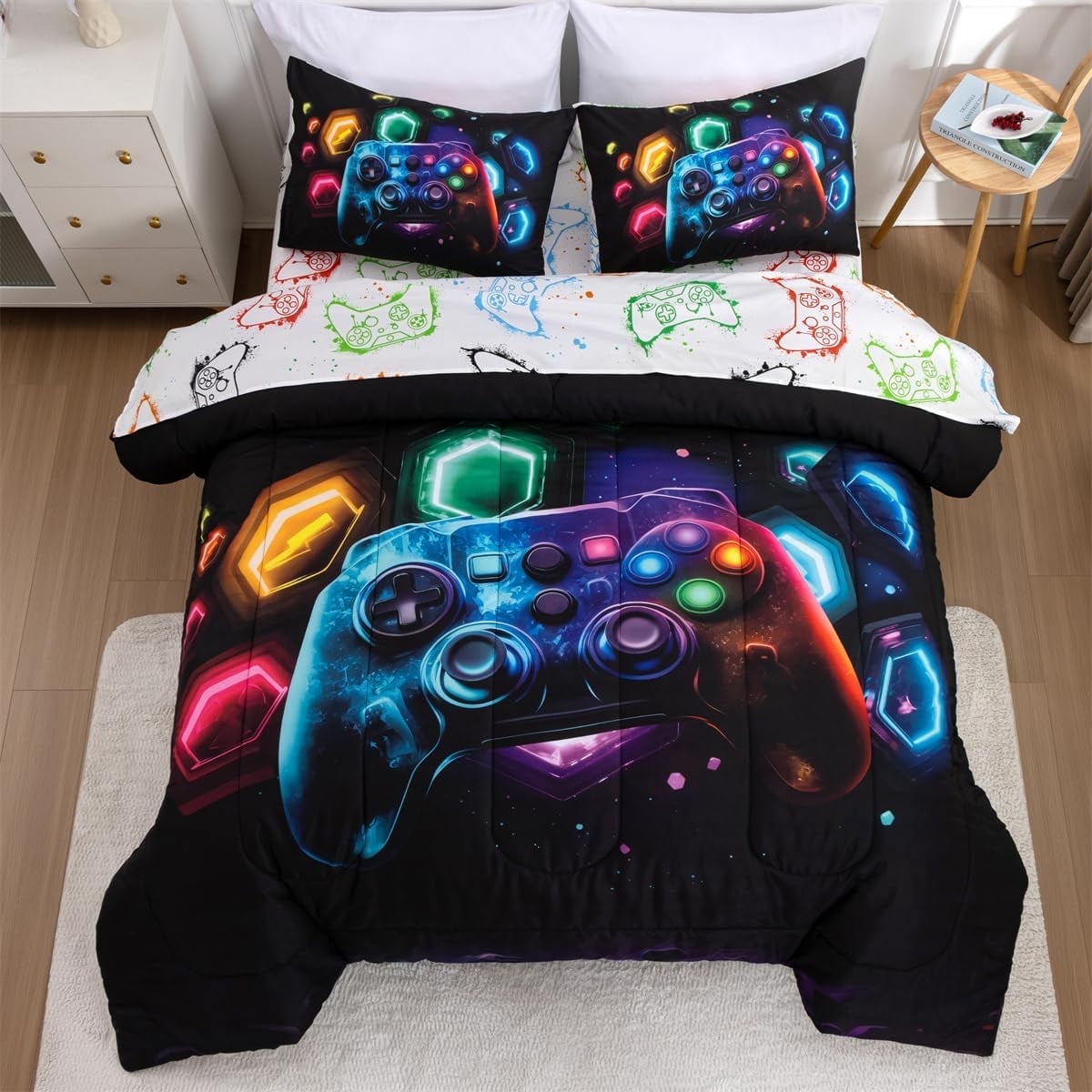 All-Season Game Console Comforter Set for Boys Girls Kids Space Universe Gaming Geometric Lightweight Microfiber Gamer Bedding S... - Luxurious Quilted Duvet Cover Set - Default Title