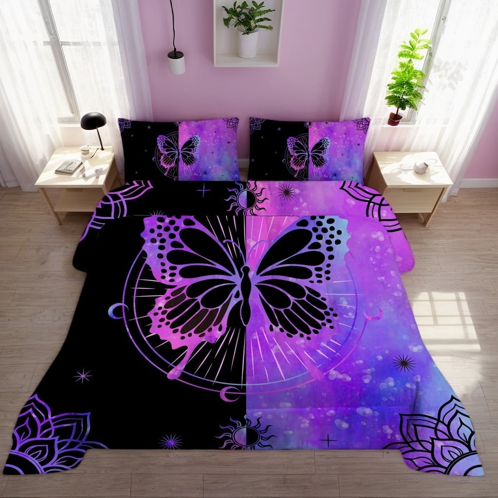 Luxurious Quilted Butterfly Comforter Set Full Size for Girls Kids Teens Black Blue Purple Tie Dye Bedding Set 3 Pieces - Luxurious Quilted Duvet Cover Set - Default Title