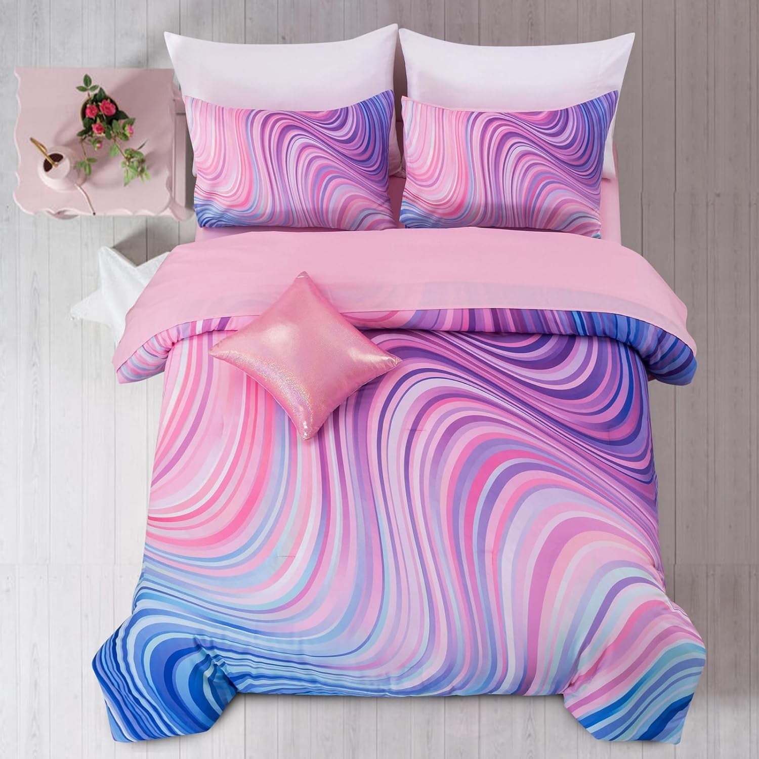 All-Season 6 Pieces Gradient Star Ring Comforter Set, Colorful Glitter Rainbow Wave Stripes Pattern Bedding Set for Boys Girls T... - Cloud-Like Soft Lightweight Bed Comforter - Default Title