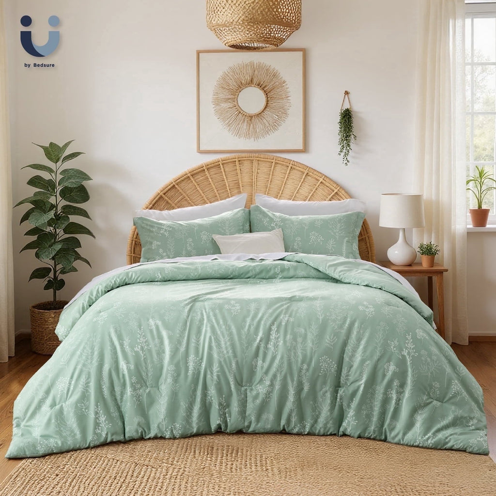 Heavyweight Warmth 3 Pieces Sage Green Floral Comforter Sets, 1 Botanical Flowers Reversible Comforter and 2 Pillow Shams, Queen Size Be... - All-Season Down Alternative Comforter Insert - Default Title